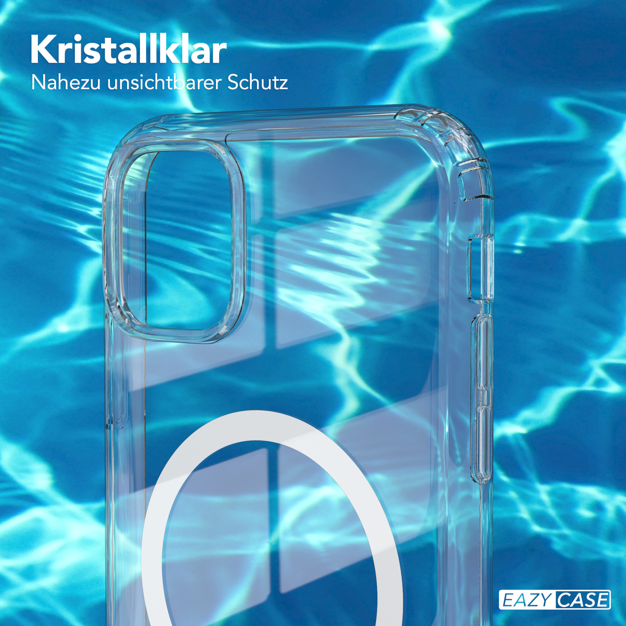 Klare Handyhülle mit weißem Kreisdesign auf blauem Wasserhintergrund. Eazy Case Logo.