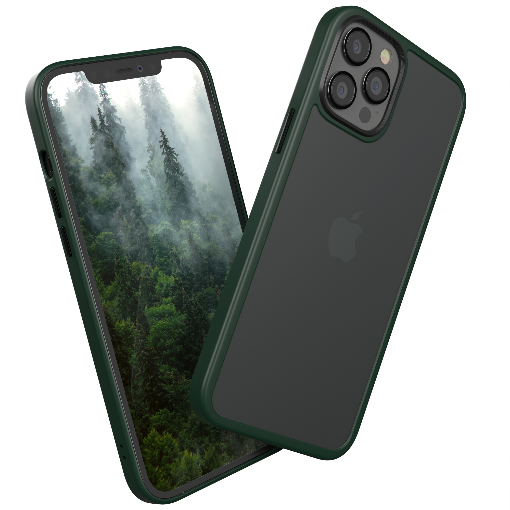 Grüne Handyhülle mit einem Telefon, das eine Waldszene zeigt.