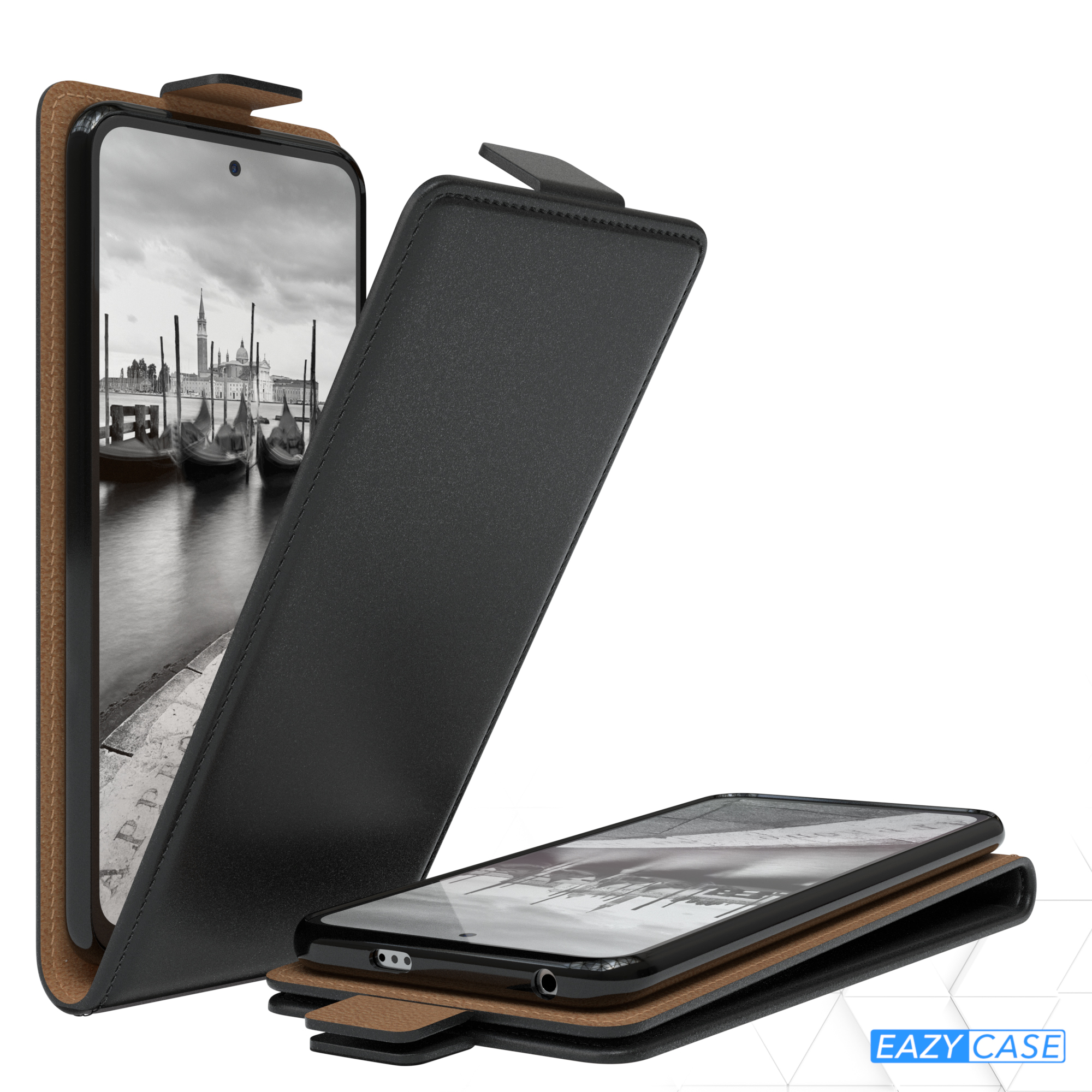 Schwarzes Telefon in einer schwarz-braunen Hülle, mit geöffnetem Telefon.