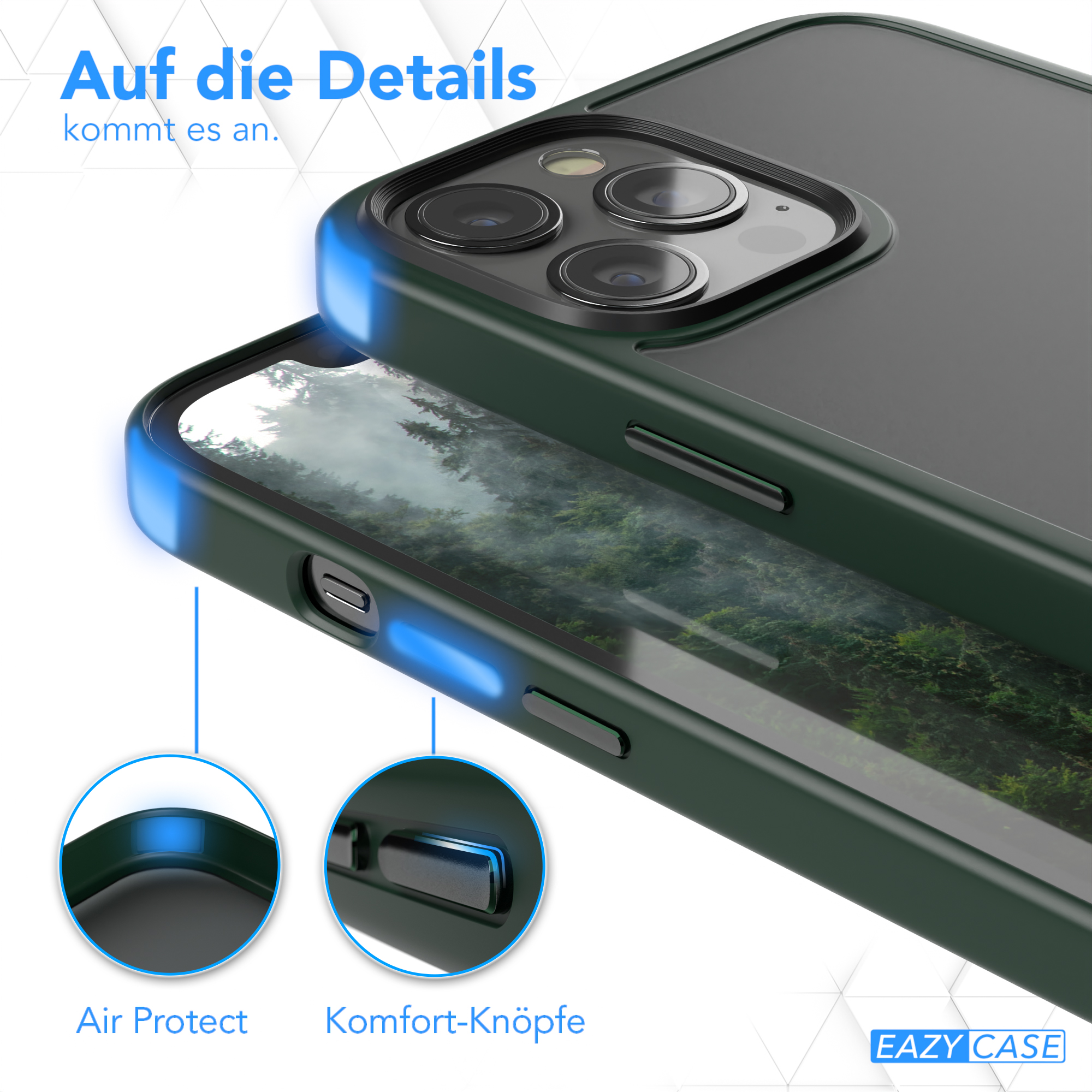 Nahaufnahme einer Handyhülle. Durch die transparente Hülle ist ein Waldmotiv sichtbar.