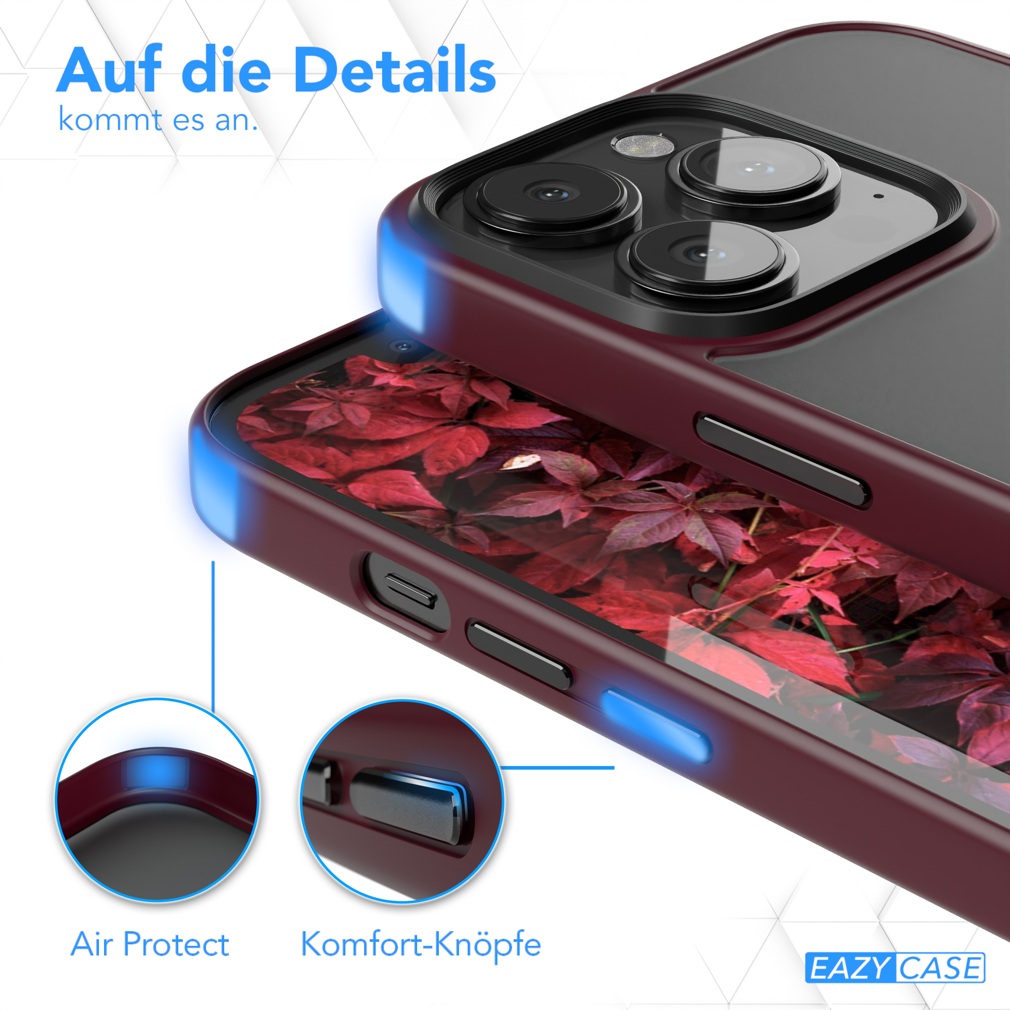 Nahaufnahme einer weinroten Handyhülle mit Details wie Luftschutz und Komfortknöpfen.