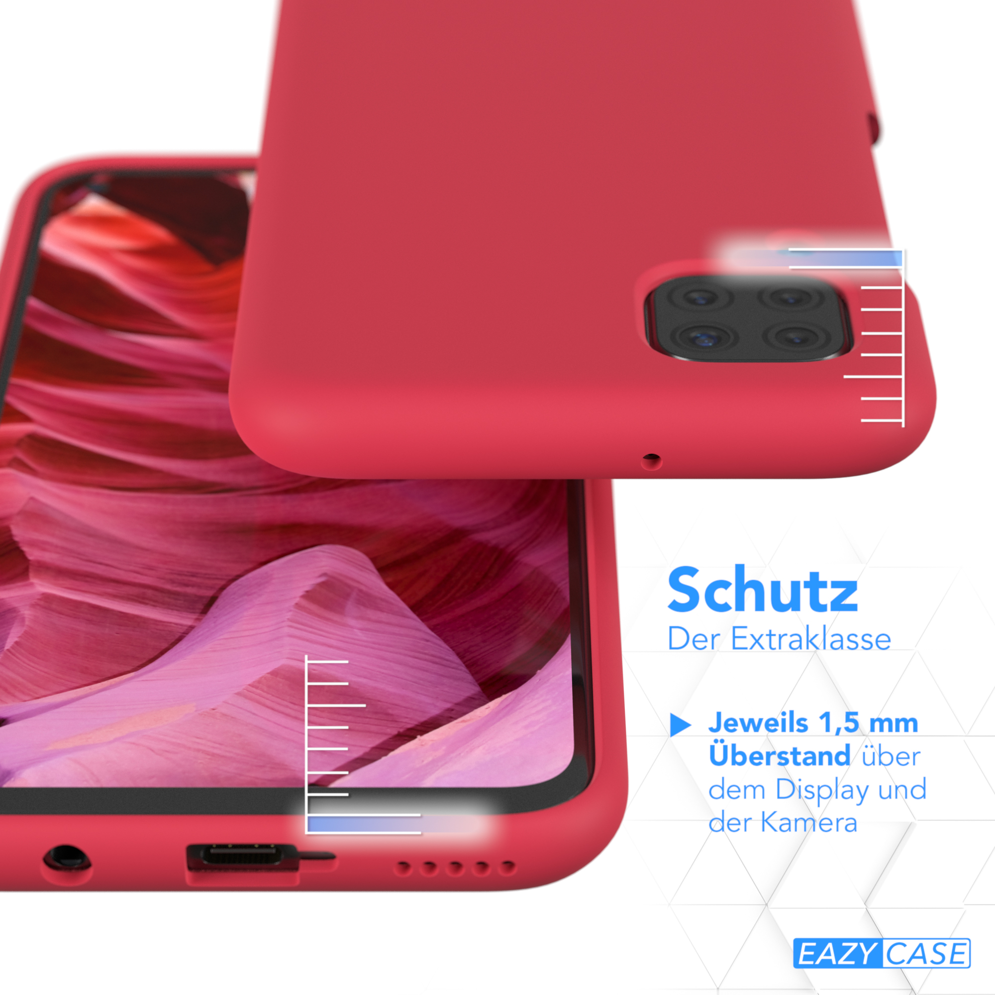 Rote Handyhülle. Die Hülle bedeckt das Telefon und die Kamera. 1,5 mm Schutz.