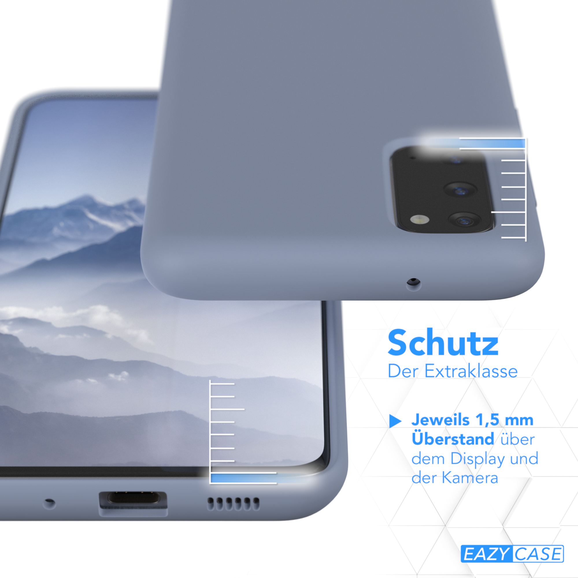 Telefonhülle, blau, über einem Telefon. Text: 'Schutz'. Hebt 1,5 mm Display- & Kameraschutz hervor.