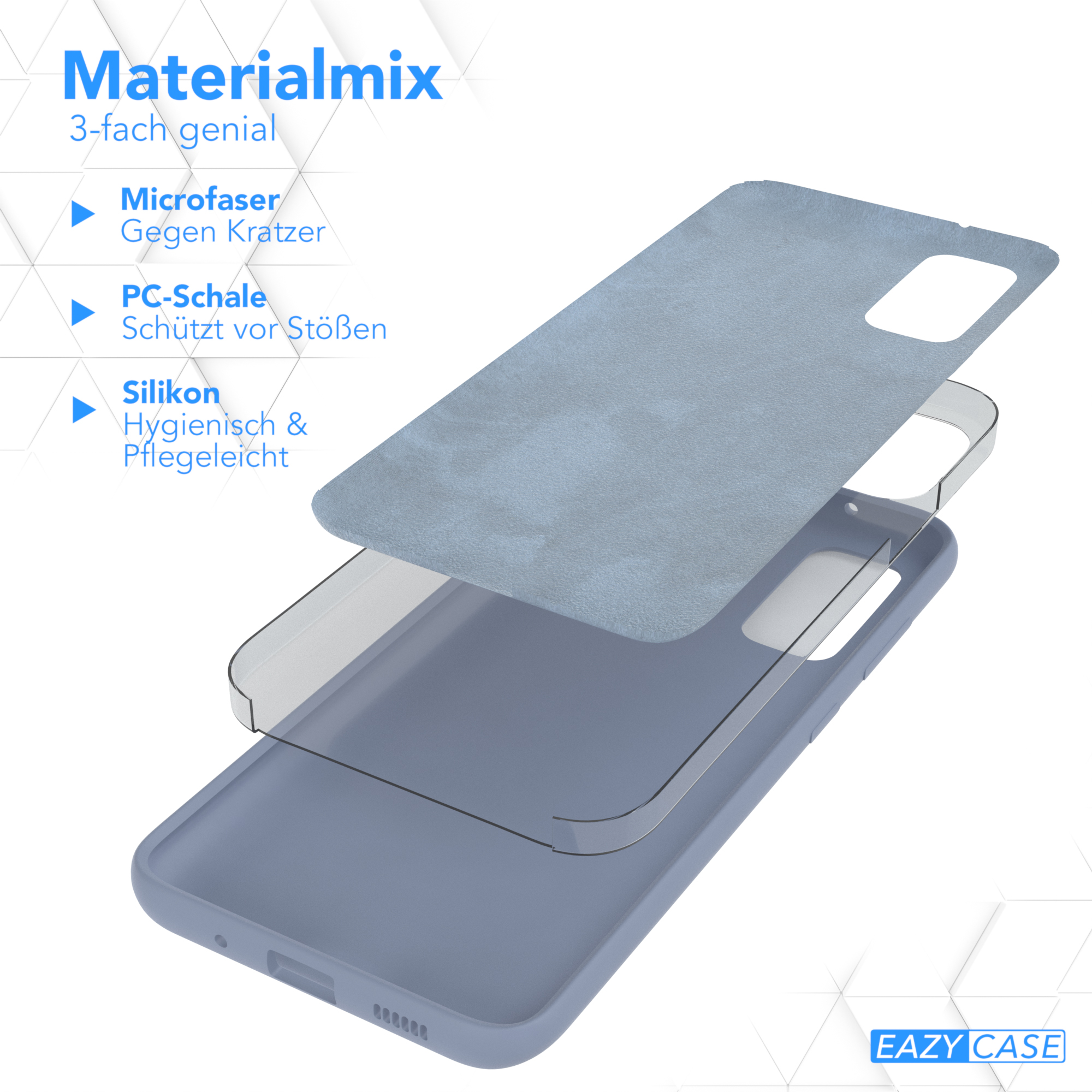 Handyhüllen-Schichten: Mikrofaser, PC-Schale und Silikon, mit dem Text 'Materialmix'.