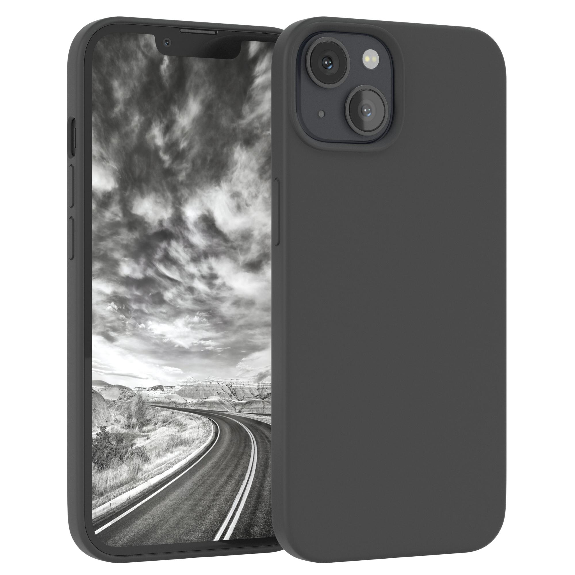 Schwarze Handyhülle mit einem Telefon, das ein Schwarzweißbild einer Straße zeigt.