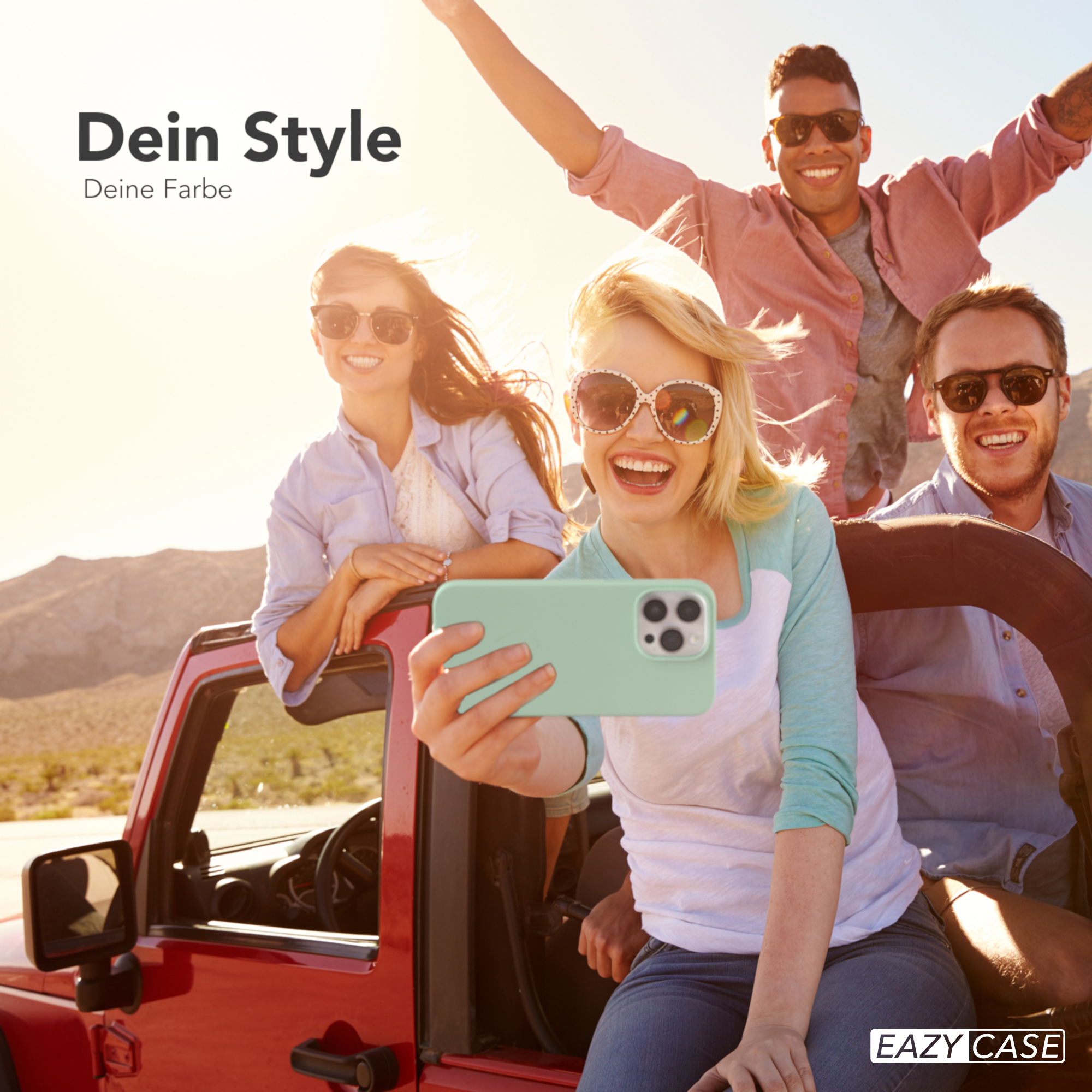 Vier junge Leute in einem roten Jeep machen ein Selfie. Text: Dein Style, Deine Farbe, und Eazy Case Logo.