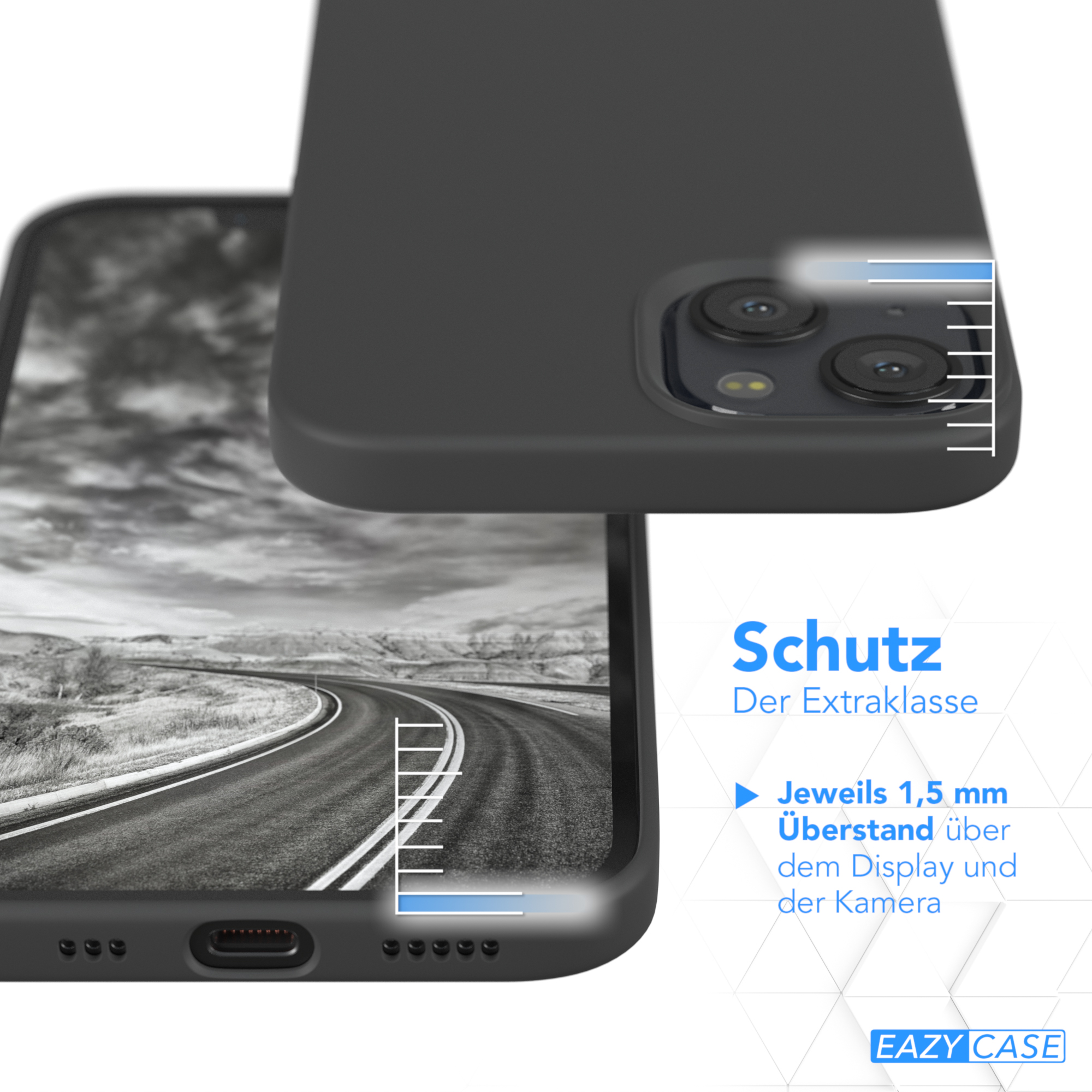 Schwarze Handyhülle über einem Handy. Blauer Text: zusätzlicher Schutz. Straßen Grafik auf dem Handy-Bildschirm.