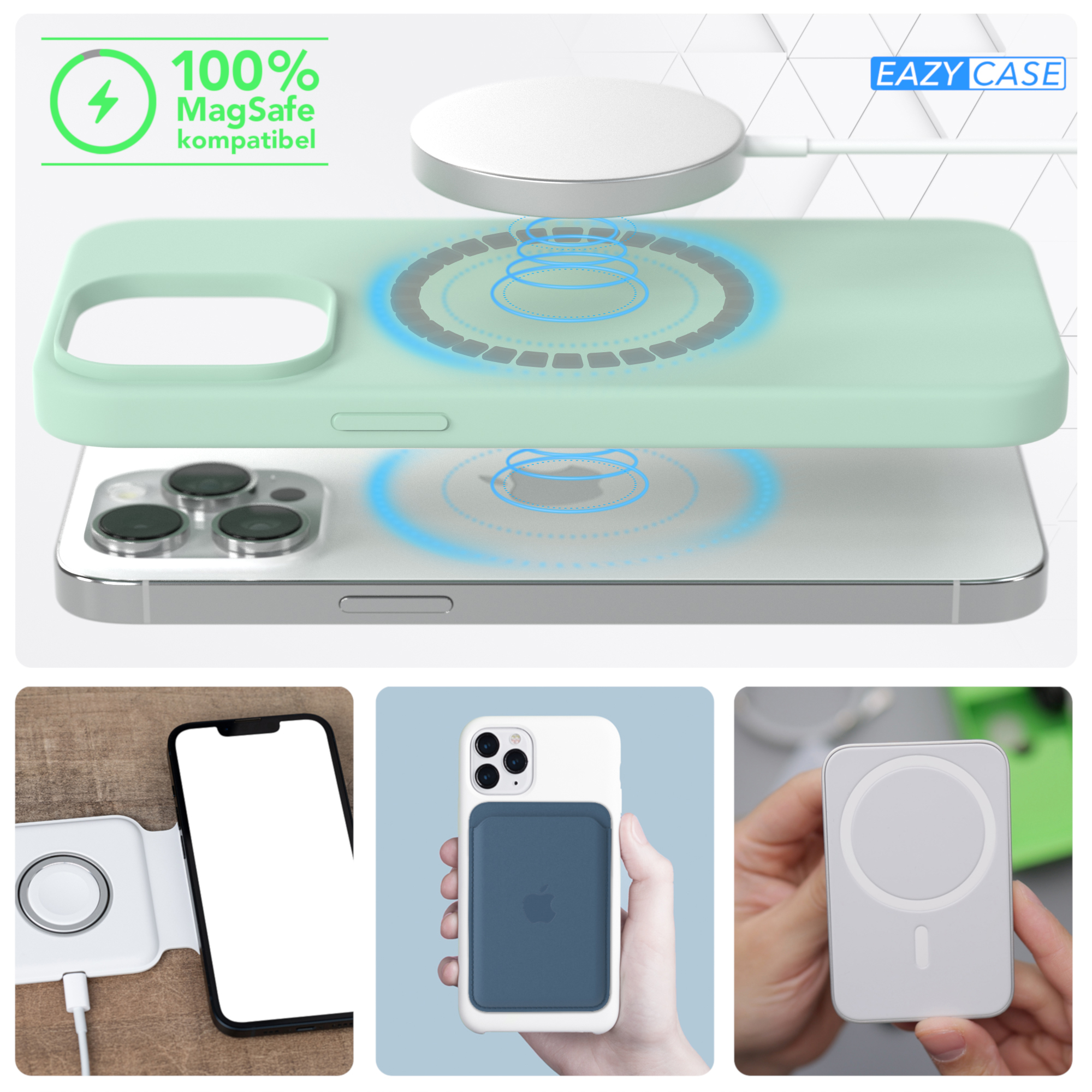 Mehrere Bilder eines kabellos ladenden Telefons mit MagSafe. Mintgrüne Hülle über dem Telefon.