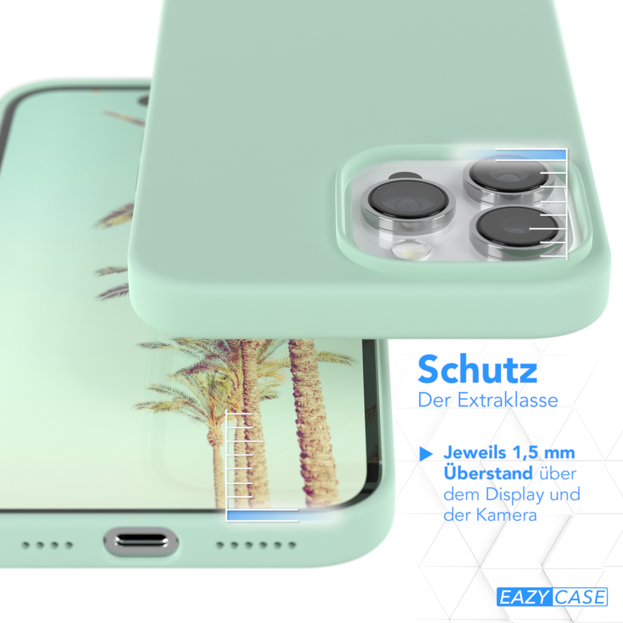 Nahaufnahme einer mintgrünen Handyhülle. Text: Schutz der Extraklasse, 1,5 mm über dem Display.
