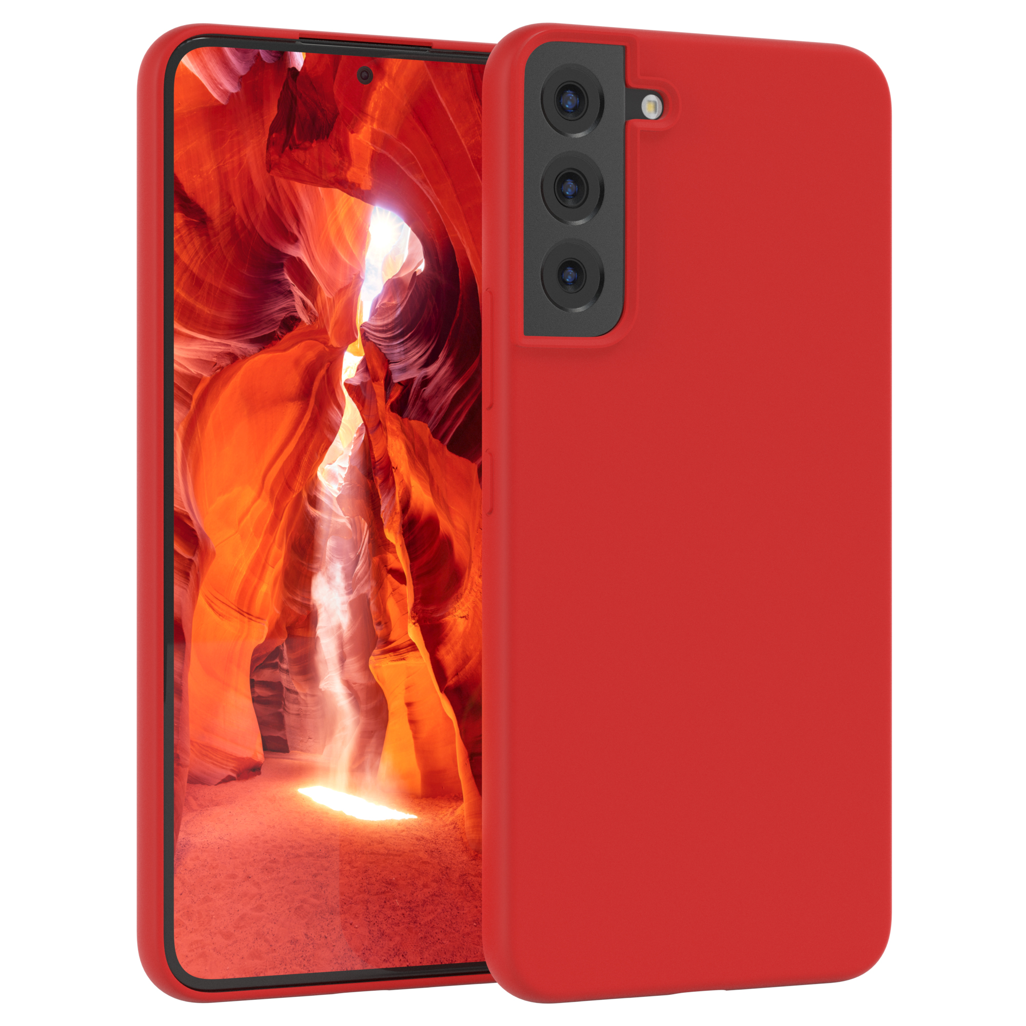 Rote Handyhülle mit rotem Telefon. Hintergrund zeigt einen Canyon.