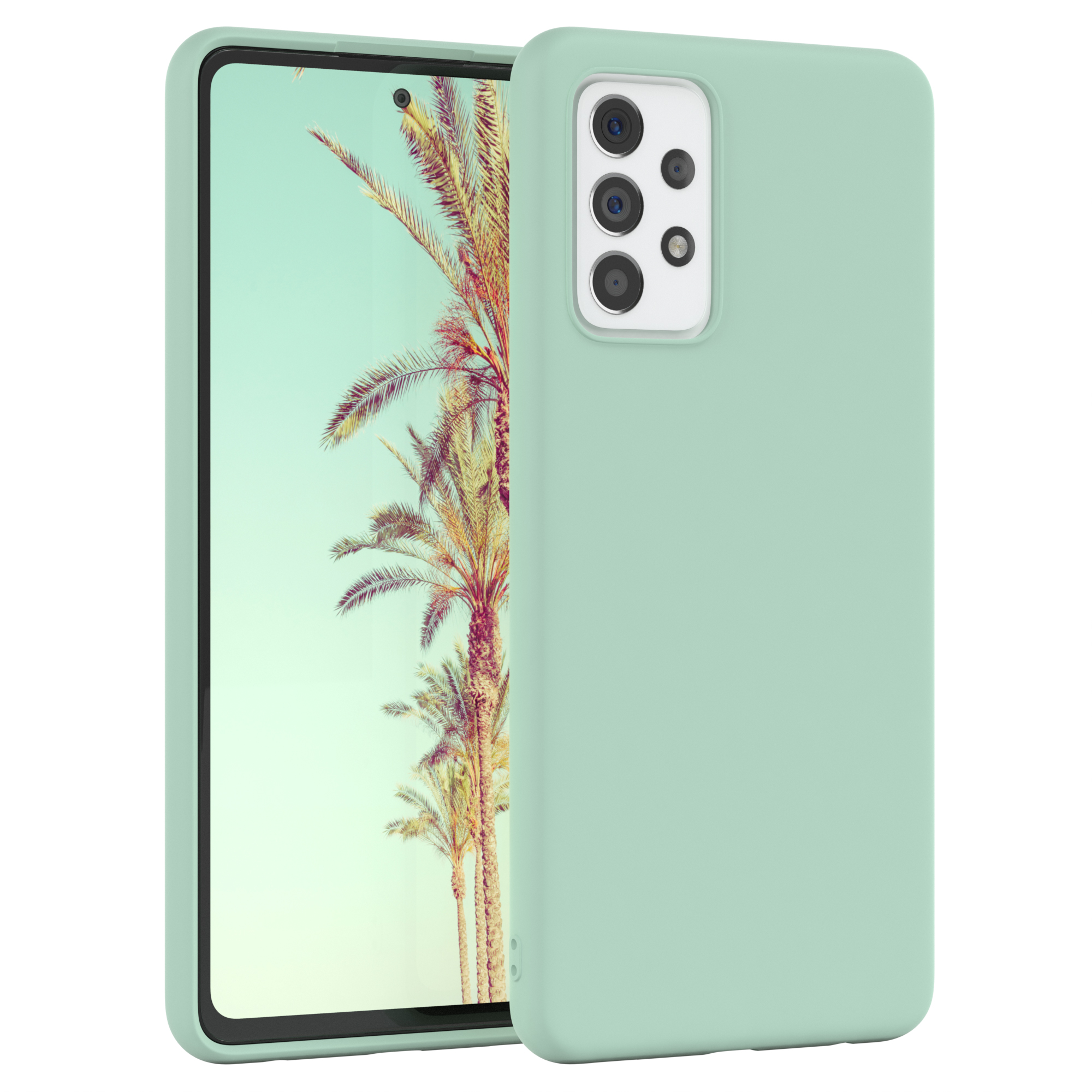 Mintgrüne Handyhülle mit einem Telefon, das Kameras zeigt.