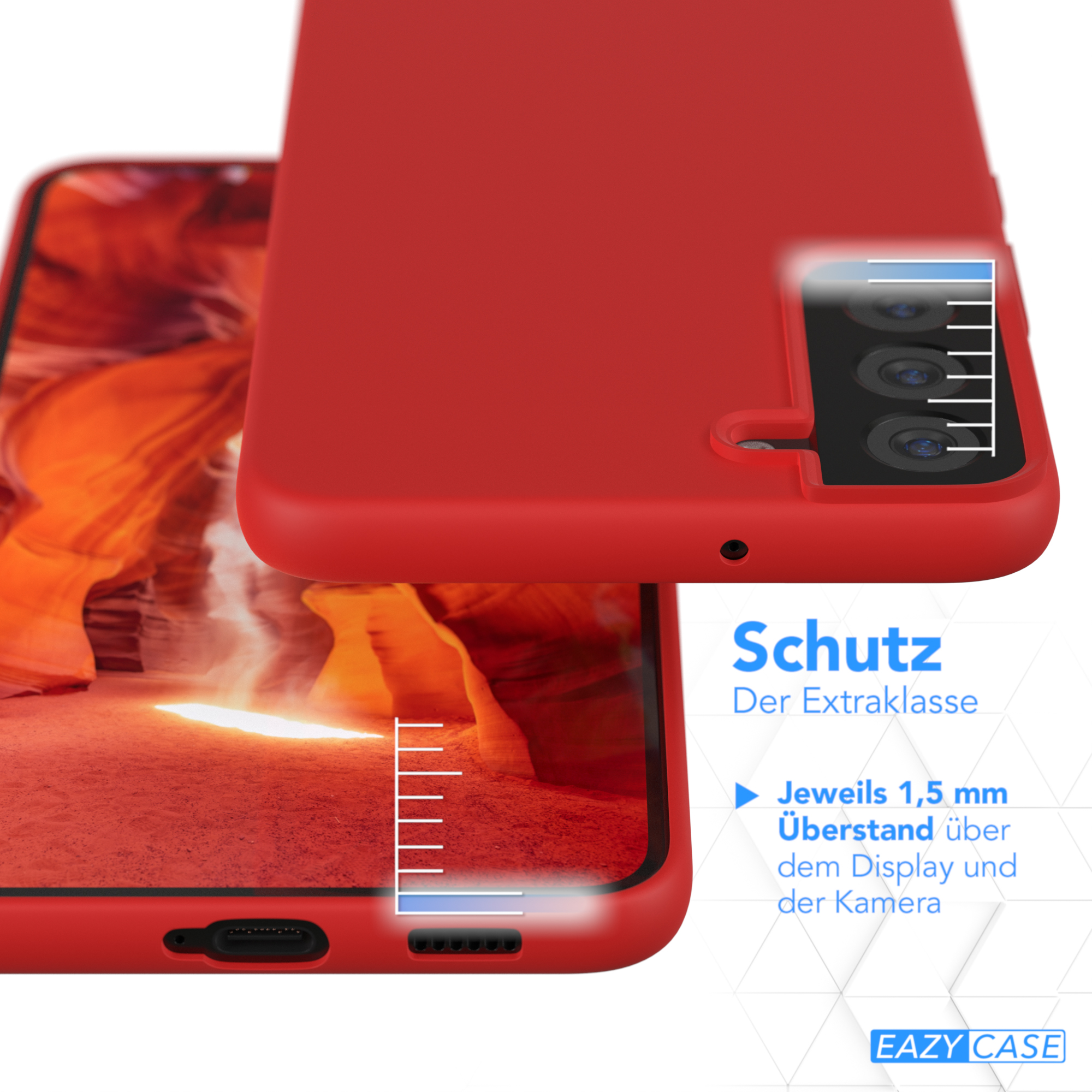 Rote Handyhülle auf einem Telefon. Die Hülle befindet sich über dem Telefon. Text rechts.