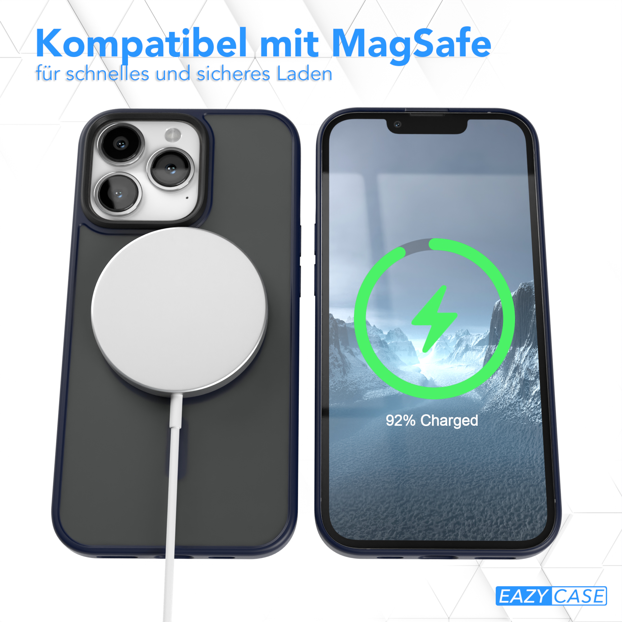 Telefon in einer Hülle, die kabellos lädt. Ladegerät angeschlossen. Bildschirm zeigt Ladesymbol.