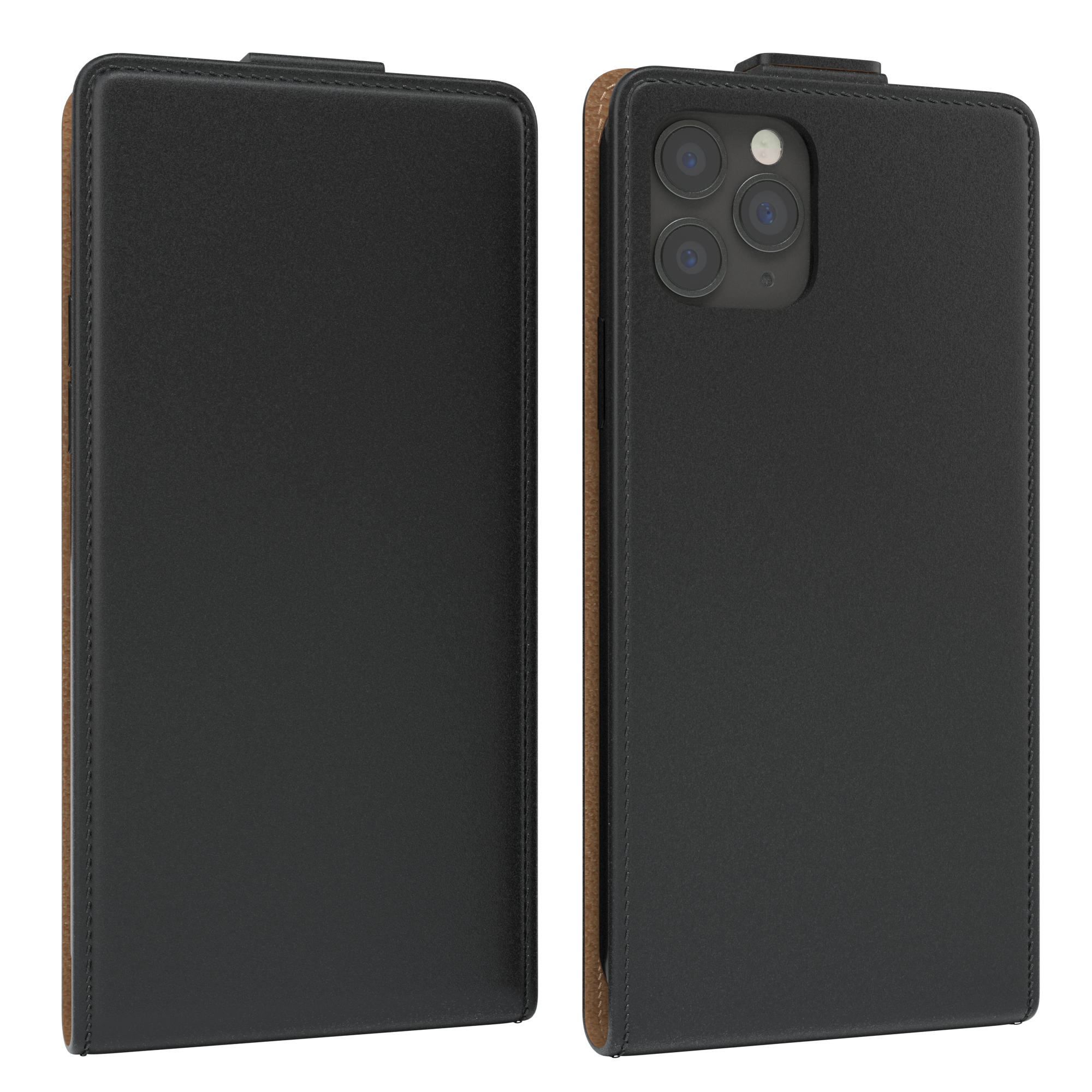 Schwarze Handyhülle mit braunem Rand. Auf der linken Seite geschlossen, rechts das Handy.