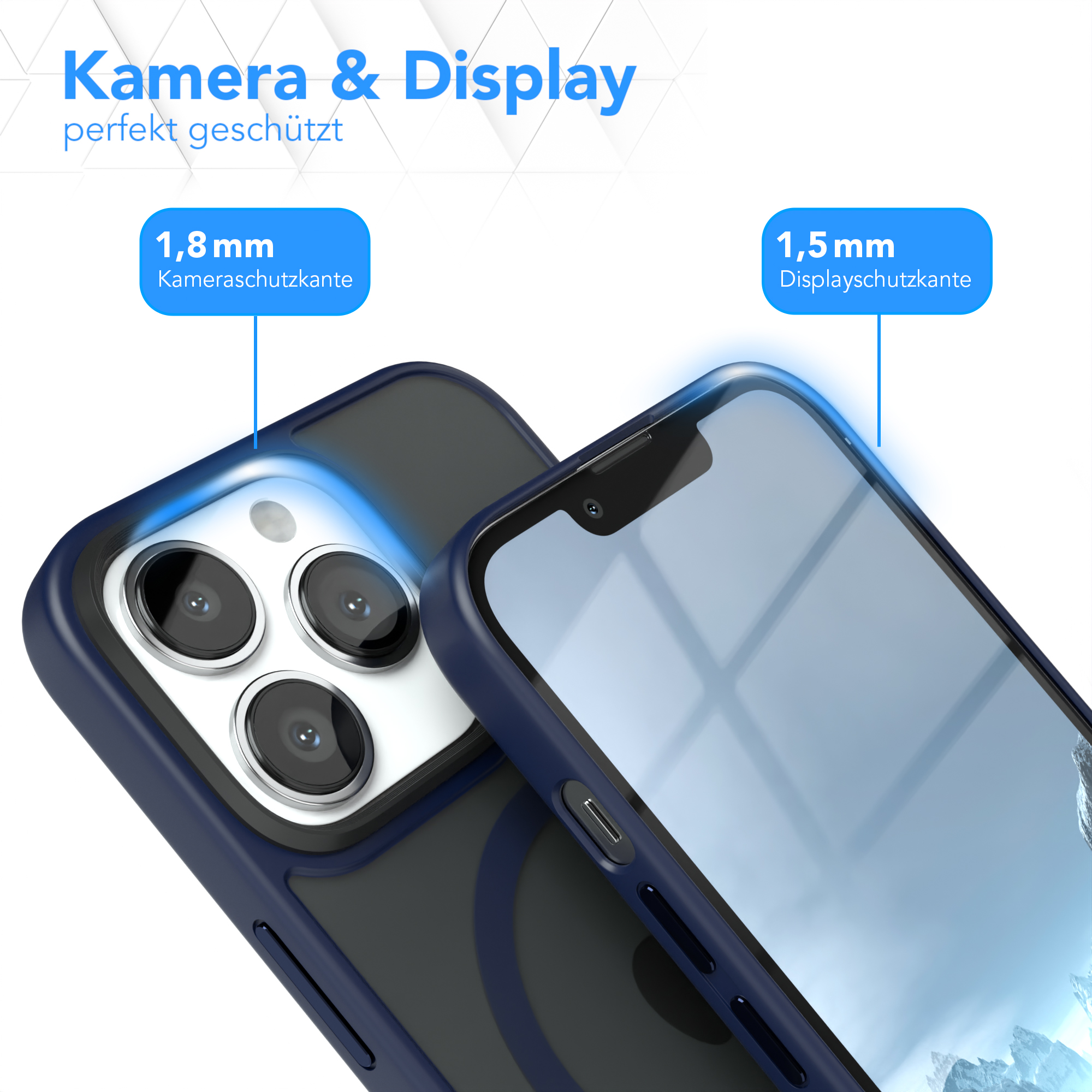 Handyhülle, die den Kamera- und Displayschutz hervorhebt. Etiketten weisen auf 1,8 mm und 1,5 mm Schutzebenen hin.