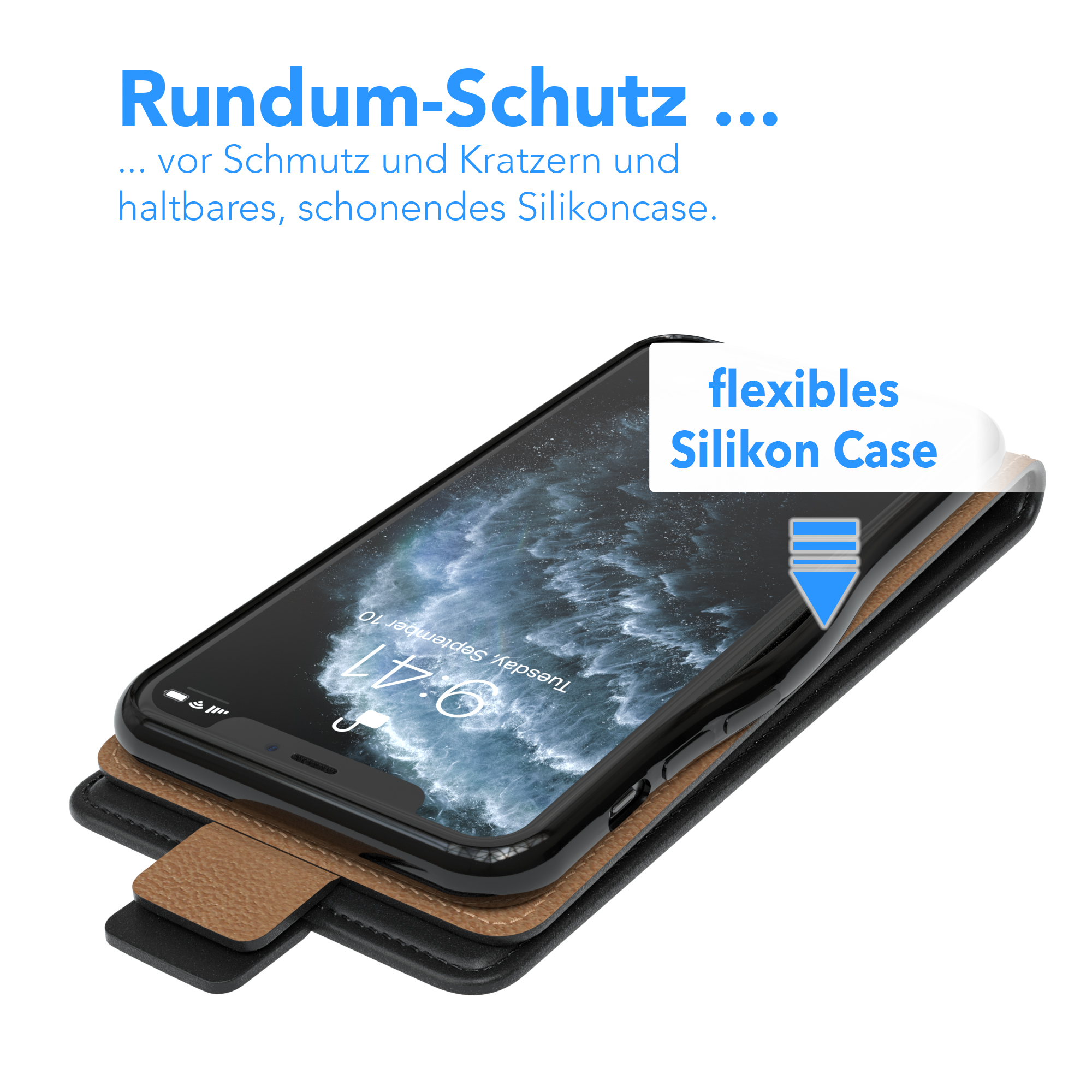 Telefon in einer schwarz-braunen Hülle. Text sagt 'flexibles Silikon Case'.