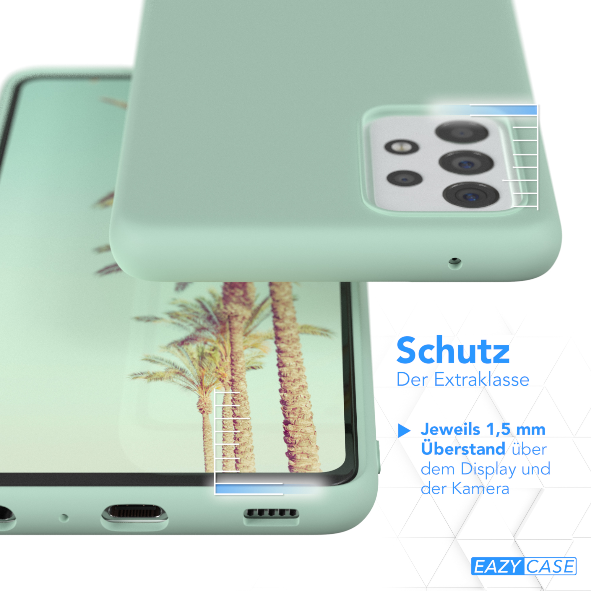 Hellgrüne Handyhülle mit Displayschutz, der Palmen zeigt, und den Displayschutz hervorhebt.