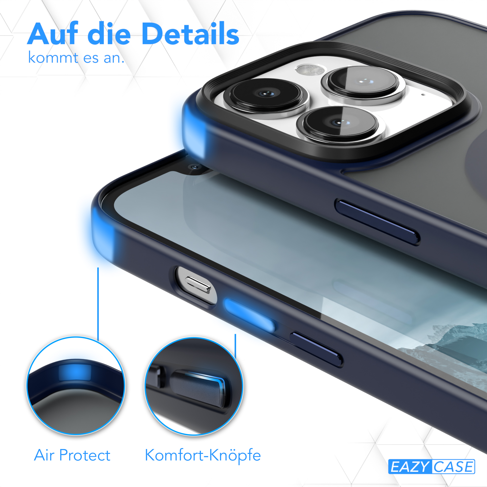 Nahaufnahme einer dunkelblauen Handyhülle mit Telefon darin.