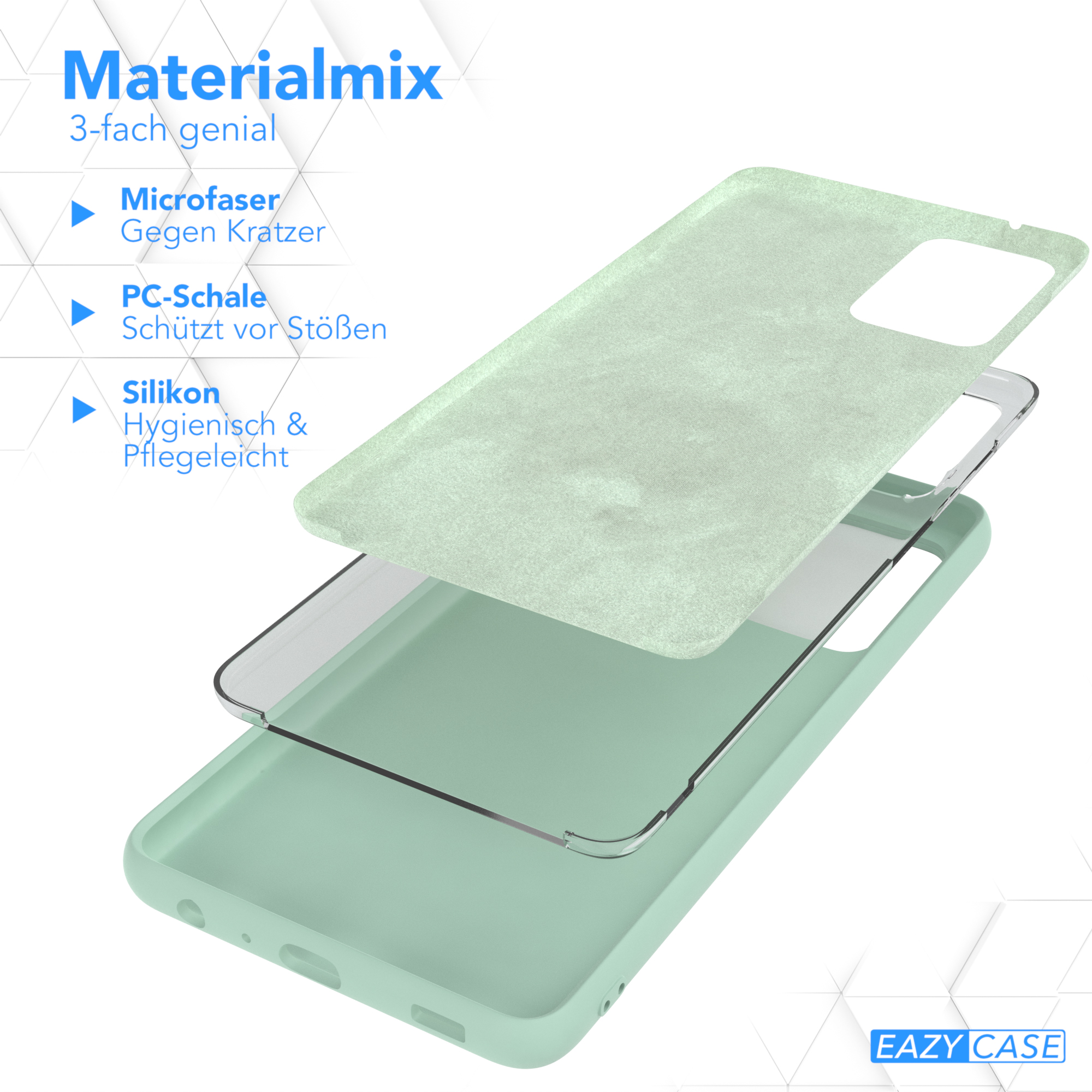 Drei Schichten Handyhülle: Mikrofaser, PC-Schale und Silikon. Text: Materialmix.