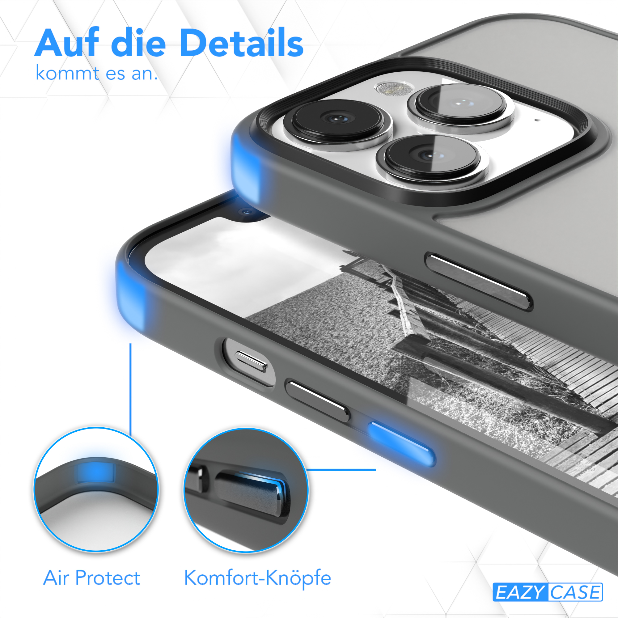 Nahaufnahme der Handyhülle mit Knöpfen. Text: Auf die Details kommt es an.