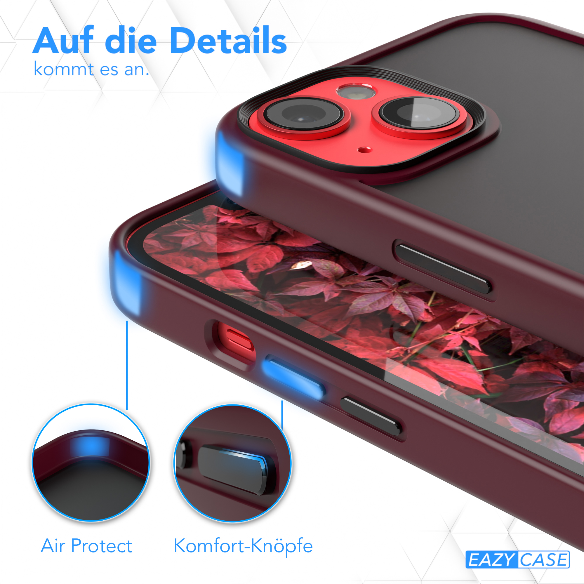 Nahaufnahme einer Handyhülle, die Details wie Air Protect und Komfortknöpfe zeigt.