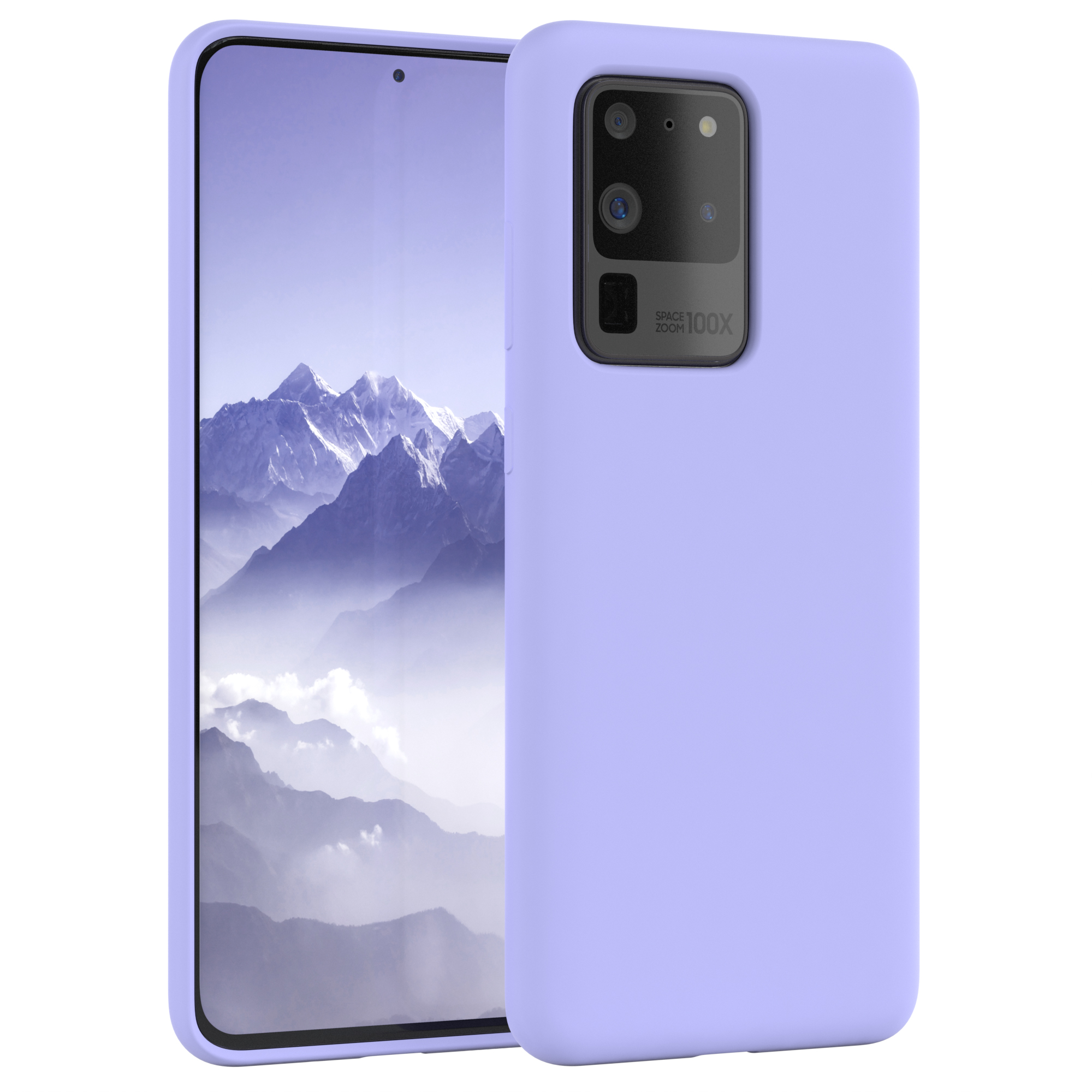 Lila Telefon in lila Hülle. Die Rückseite hat eine Kamera. Der Bildschirm ist helllila.