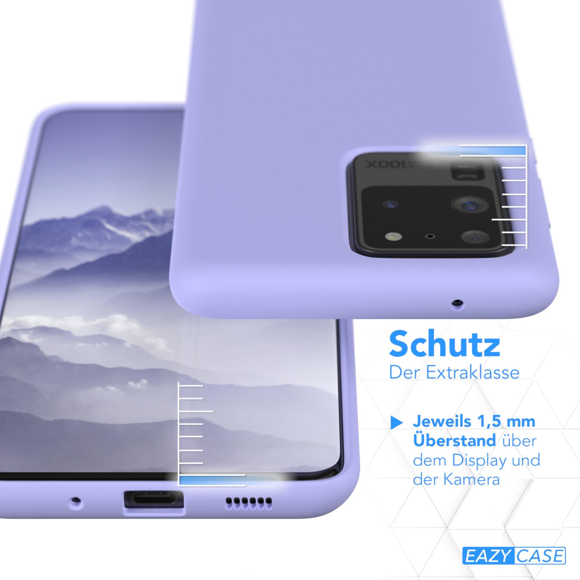 Lila Handyhülle mit Telefon darin. Text: Schutz. Über dem Display und der Kamera.