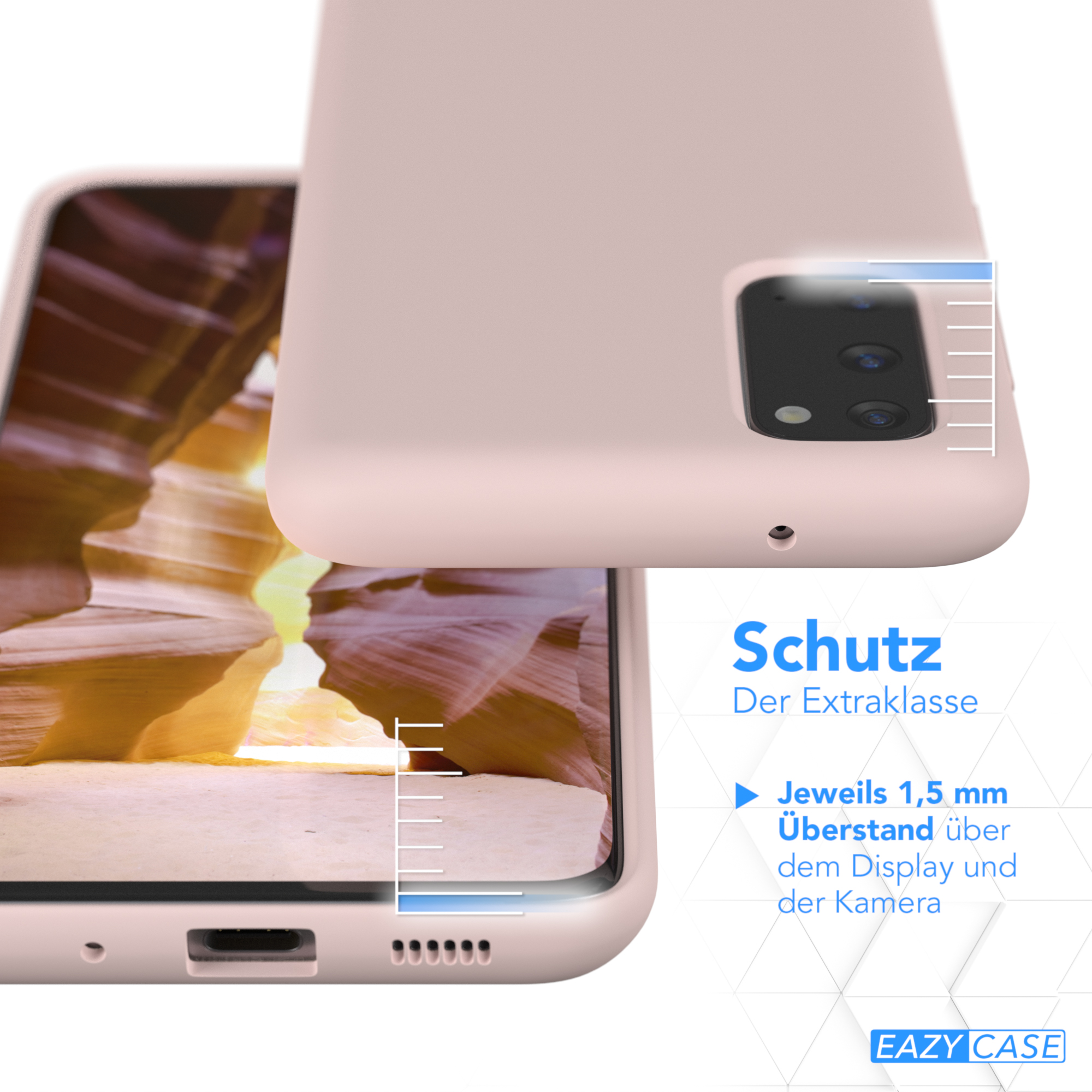 Nahaufnahme einer rosa Handyhülle mit einem Telefon, das das Display und Schutzfunktionen zeigt.