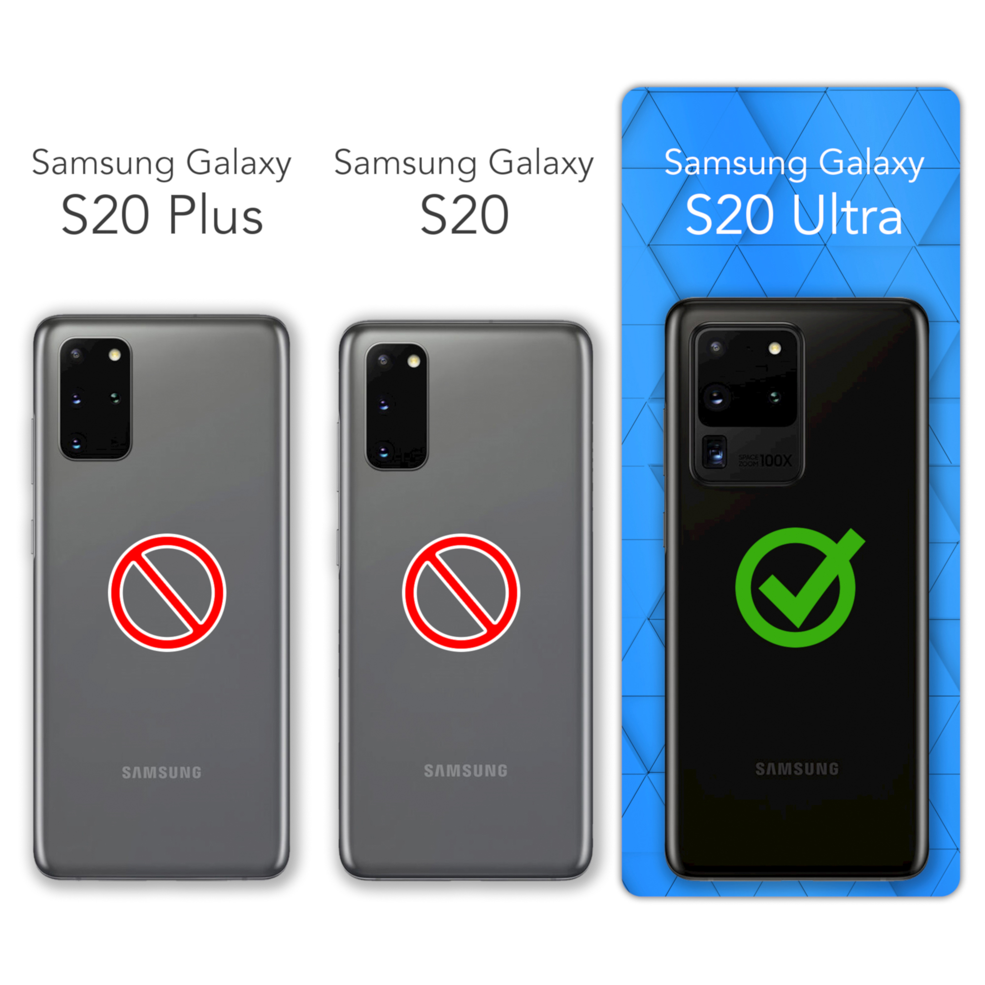 Ein Bild, das die Größen von Samsung Galaxy S20 Plus, S20 und S20 Ultra zeigt. Das Ultra ist mit einem Haken markiert.
