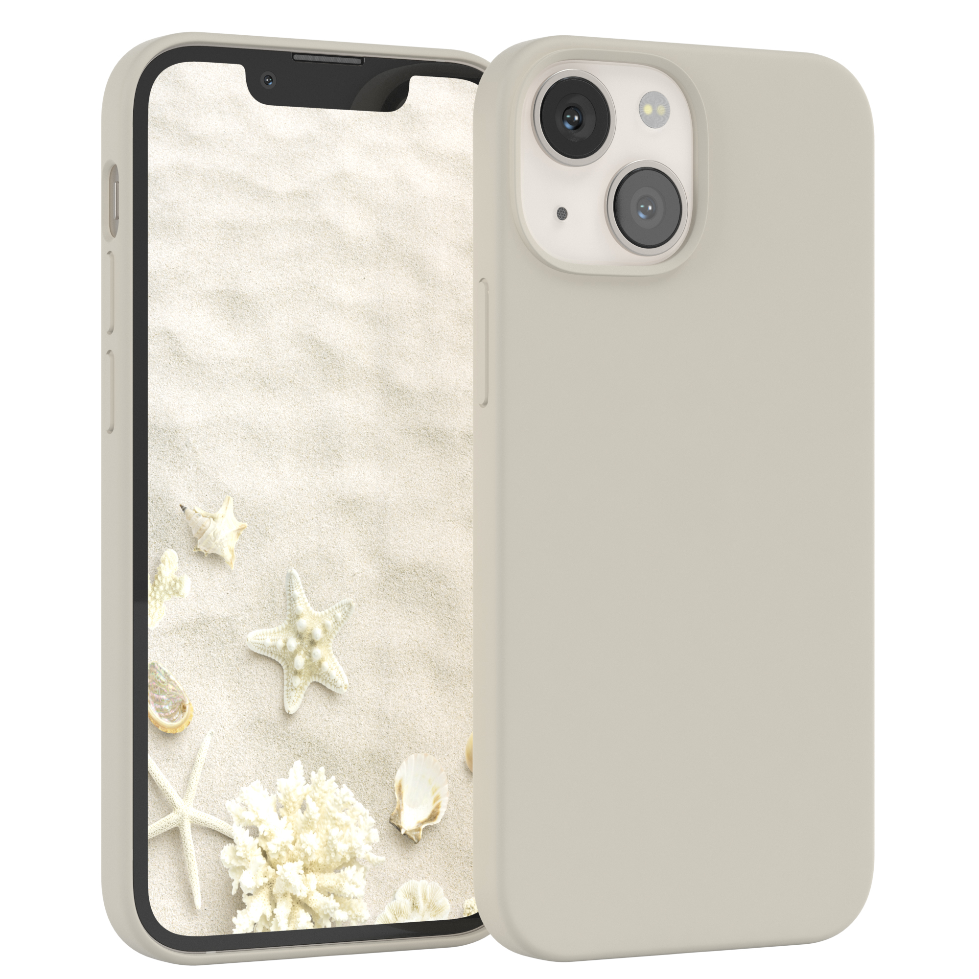 Telefon mit Strandmotiv, neben einer Hülle.