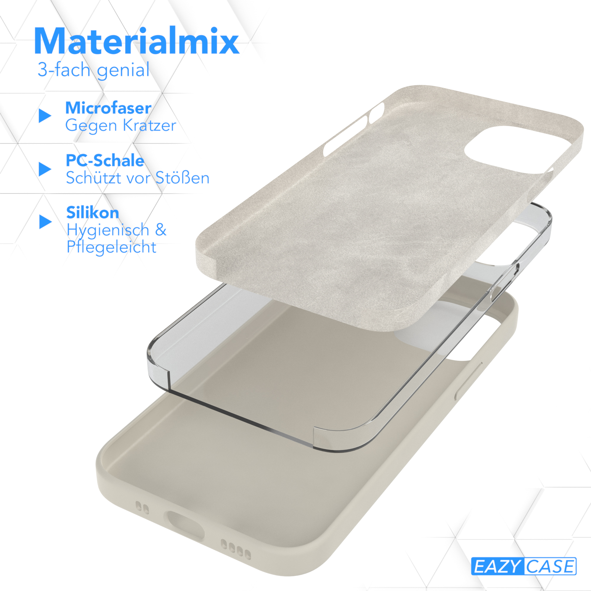 Drei Schichten einer Handyhülle, beige, klar und beige. Text über Materialien.