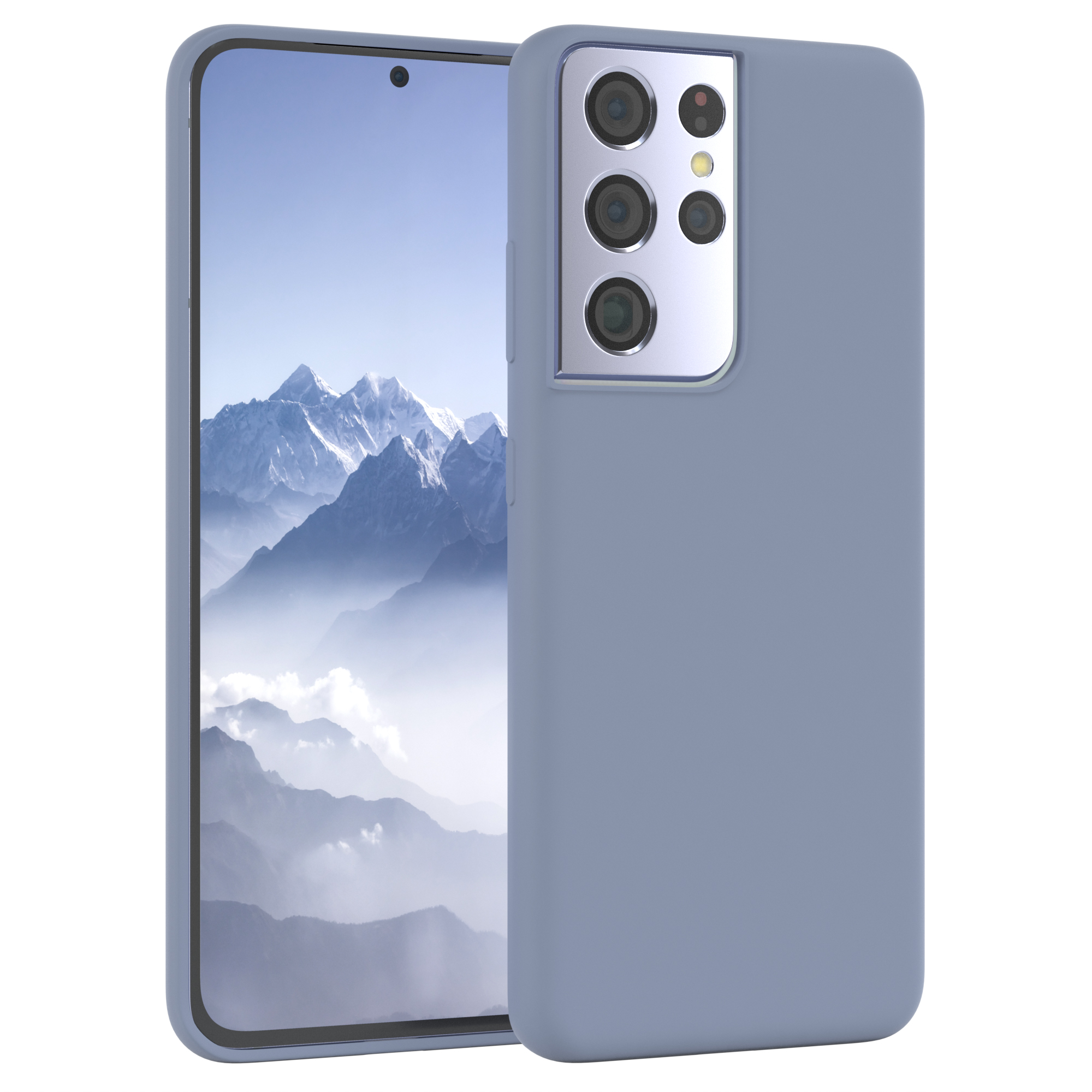Blaues Telefon im Gehäuse, zeigt Berglandschaft.
