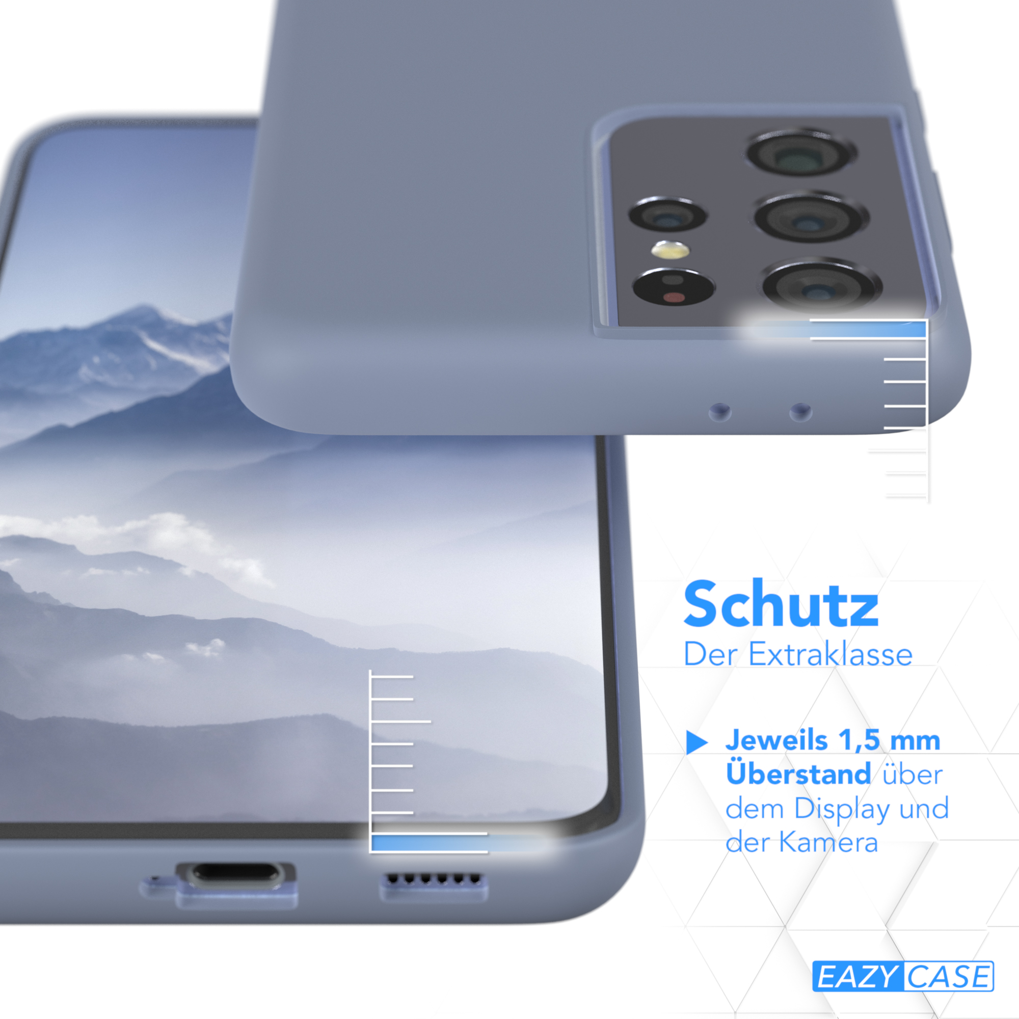 Blaue Handyhülle auf Telefon. Zeigt 1,5mm Display- und Kameraschutz. Text: Schutz.