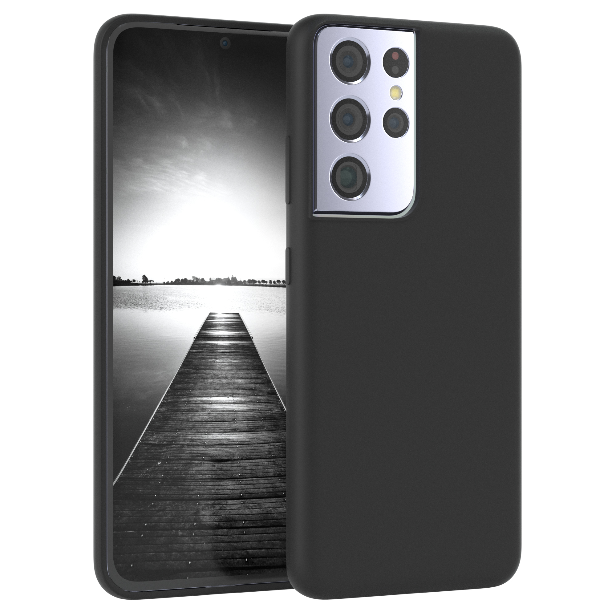 Schwarzes Telefon in einer schwarzen Hülle. Der Bildschirm zeigt eine Schwarz-Weiß-Pier-Szene.