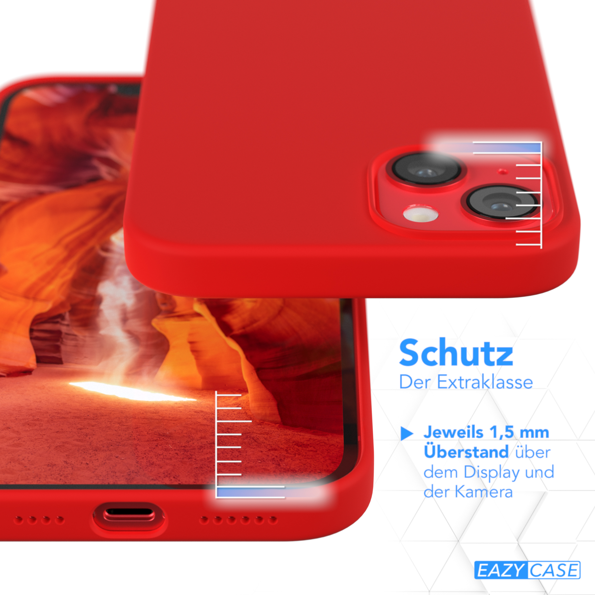 Eine rote Handyhülle mit einer offenen Hülle daneben, die ein Canyon-Bild zeigt.