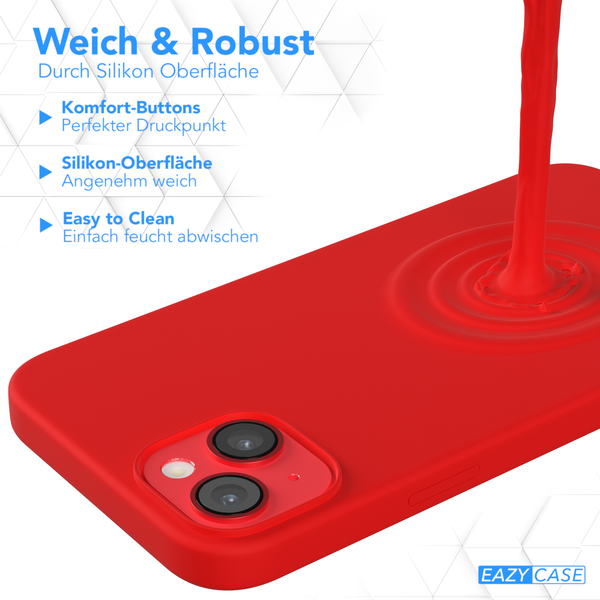 Rote Handyhülle mit einem lochförmigen Telefon. Rote Flüssigkeit wird darauf gegossen.
