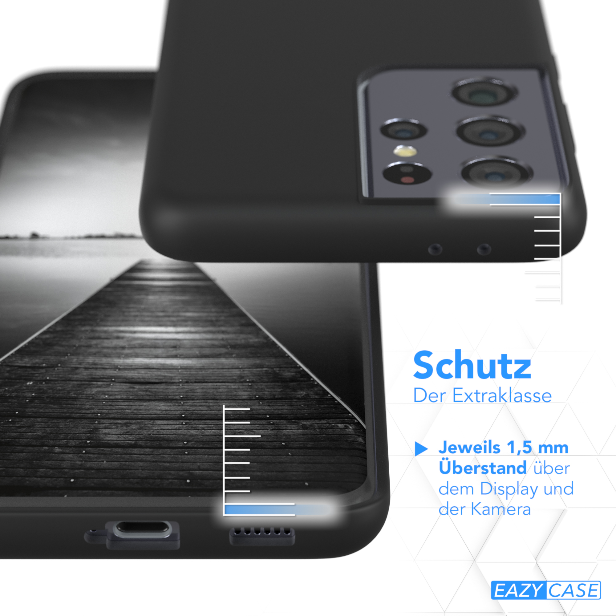 Handyhülle auf einem Telefon. Nahaufnahme von Hülle und Telefon. Schutzfunktionen werden durch Text hervorgehoben.