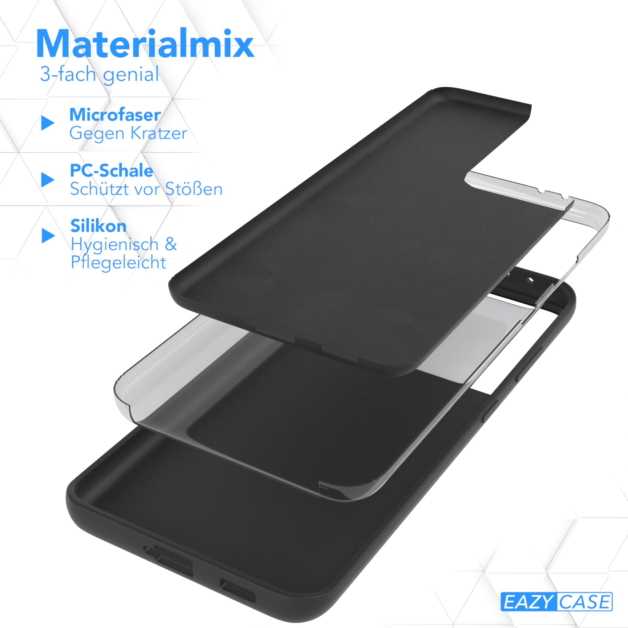 Schwarze Handyhülle. Komponenten sind geschichtet. Mikrofaser, PC-Schale und Silikon.