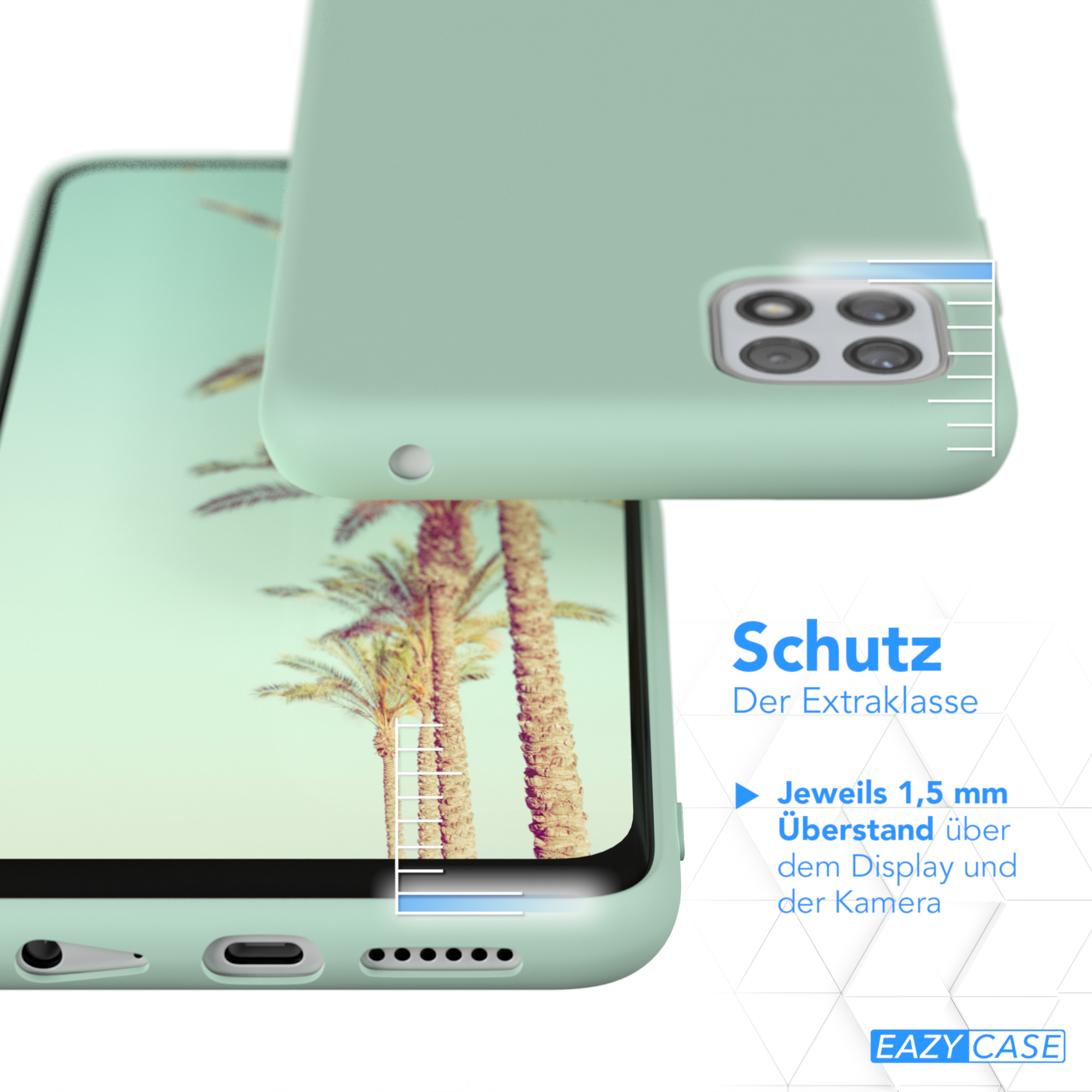 Eine mintgrüne Handyhülle mit einem Telefon darin, das den Kamerabereich und die Kanten zeigt.