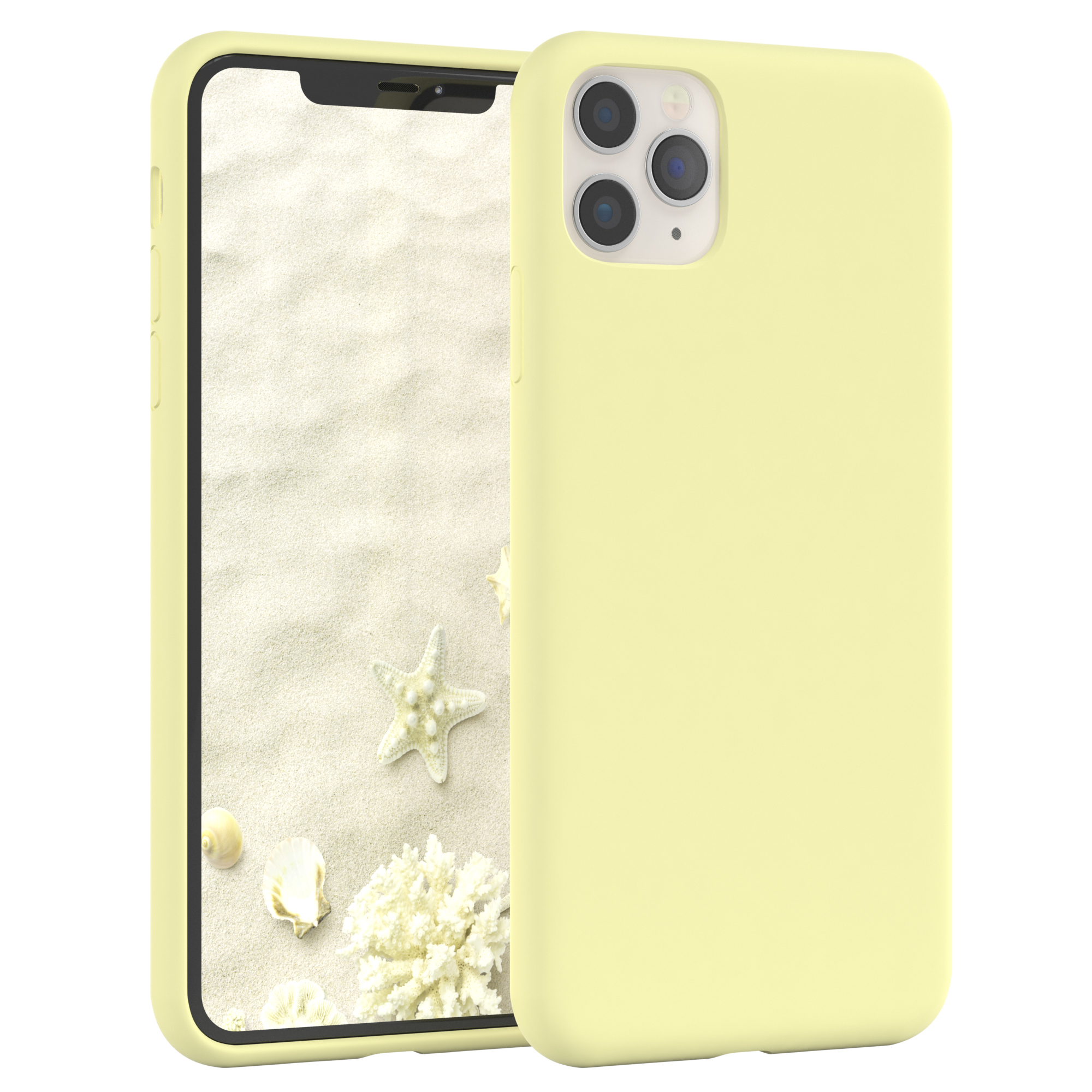 Gelbe Handyhülle mit einem Telefon, das einen Strand mit Muscheln und Seesternen zeigt.