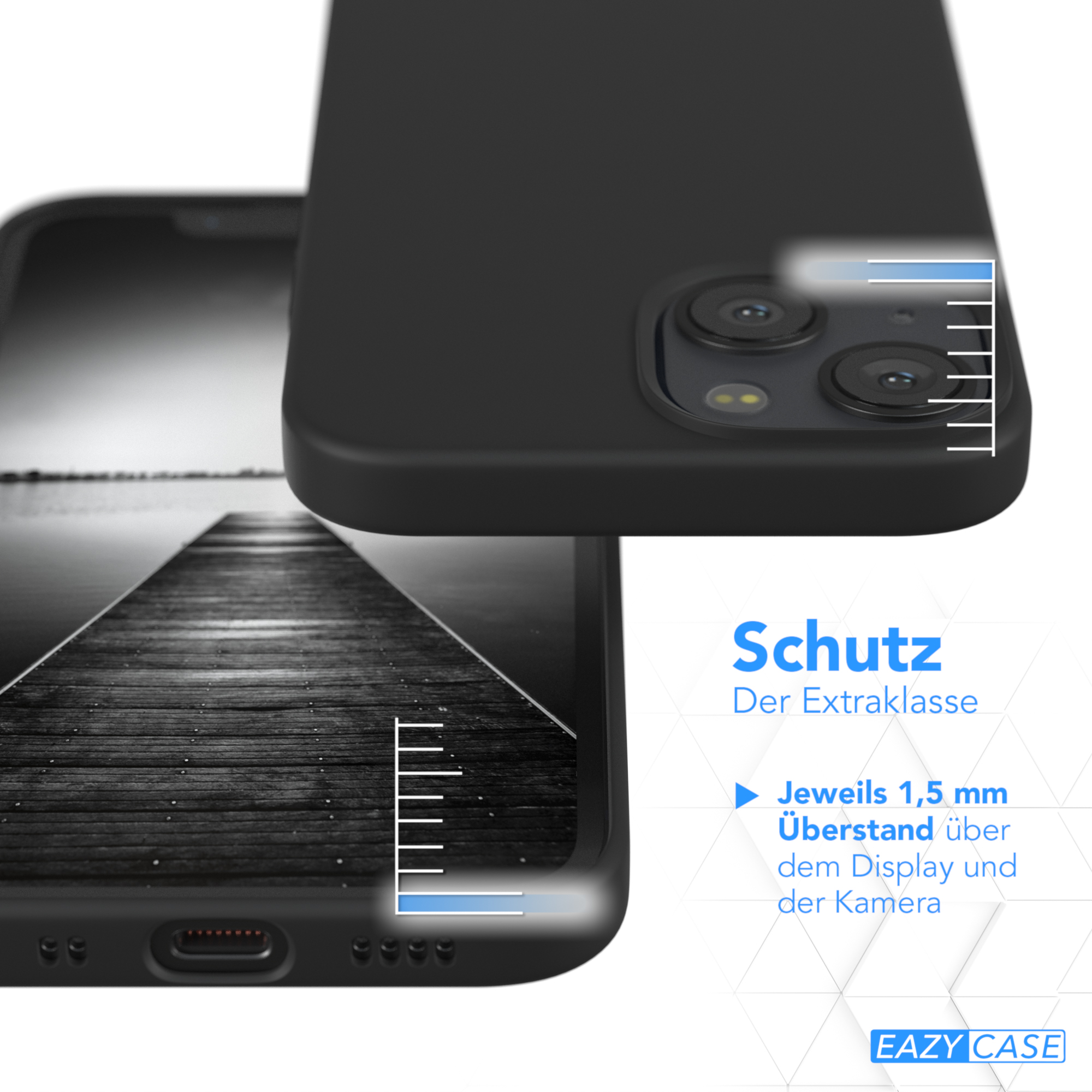Schwarze Handyhülle mit Details zum Displayschutz.