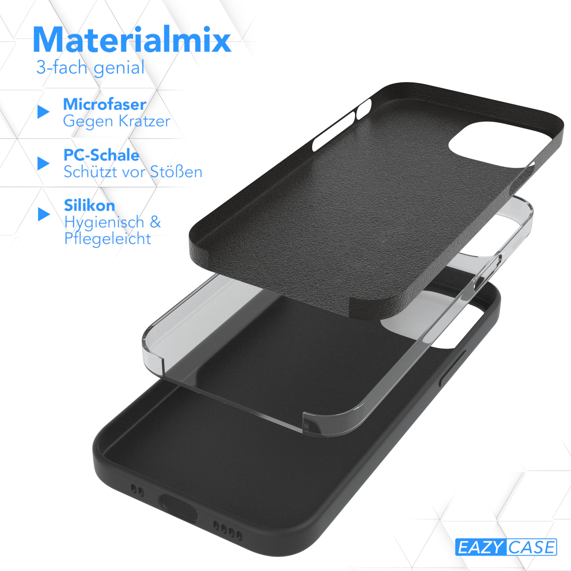 Handyhüllen-Schichten: Mikrofaser, PC und Silikon. Text: Materialmix, 3-fach genial.
