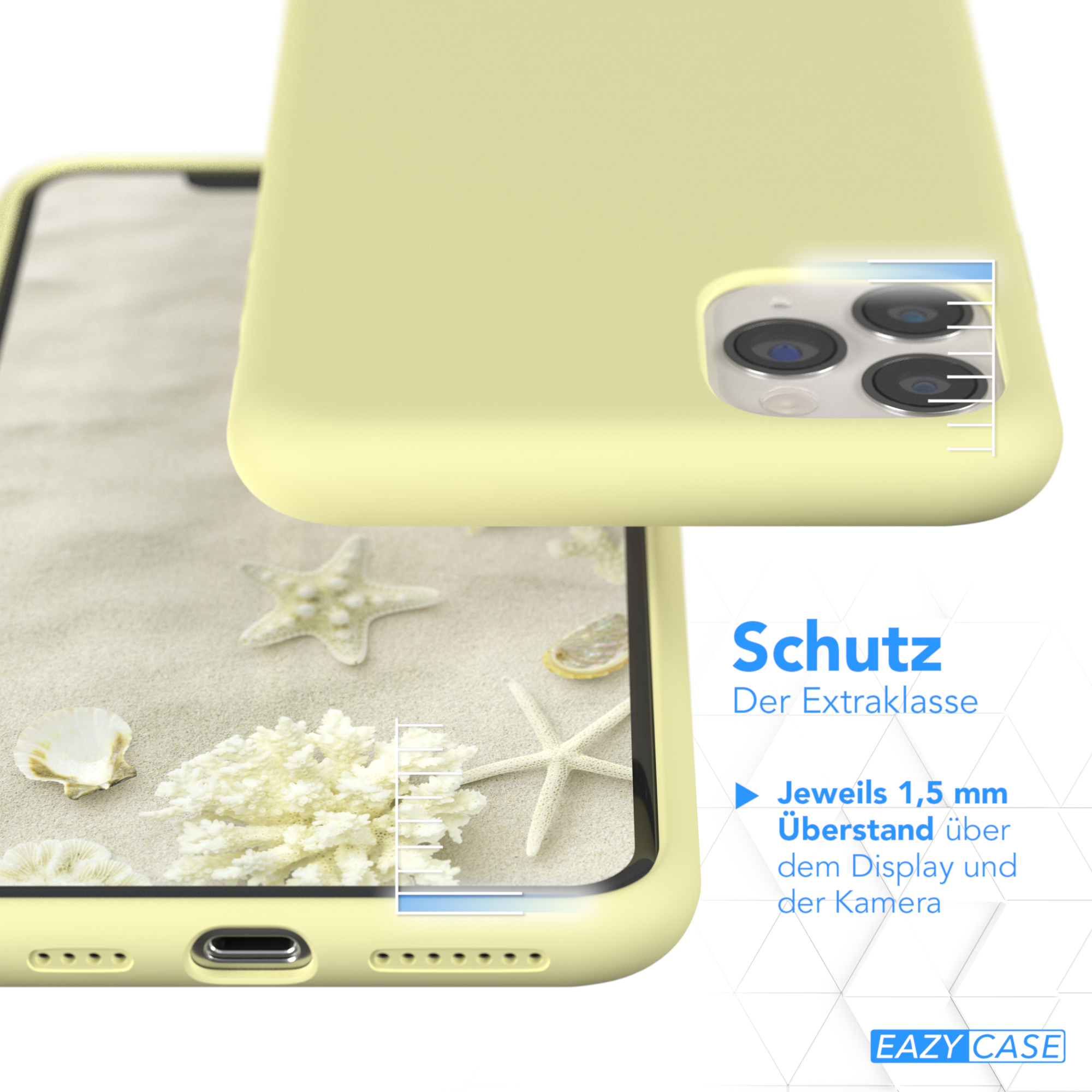 Gelbe Handyhülle liegt auf sandiger Oberfläche mit Muscheln und Seesternen. Die Hülle schützt den Bildschirm.