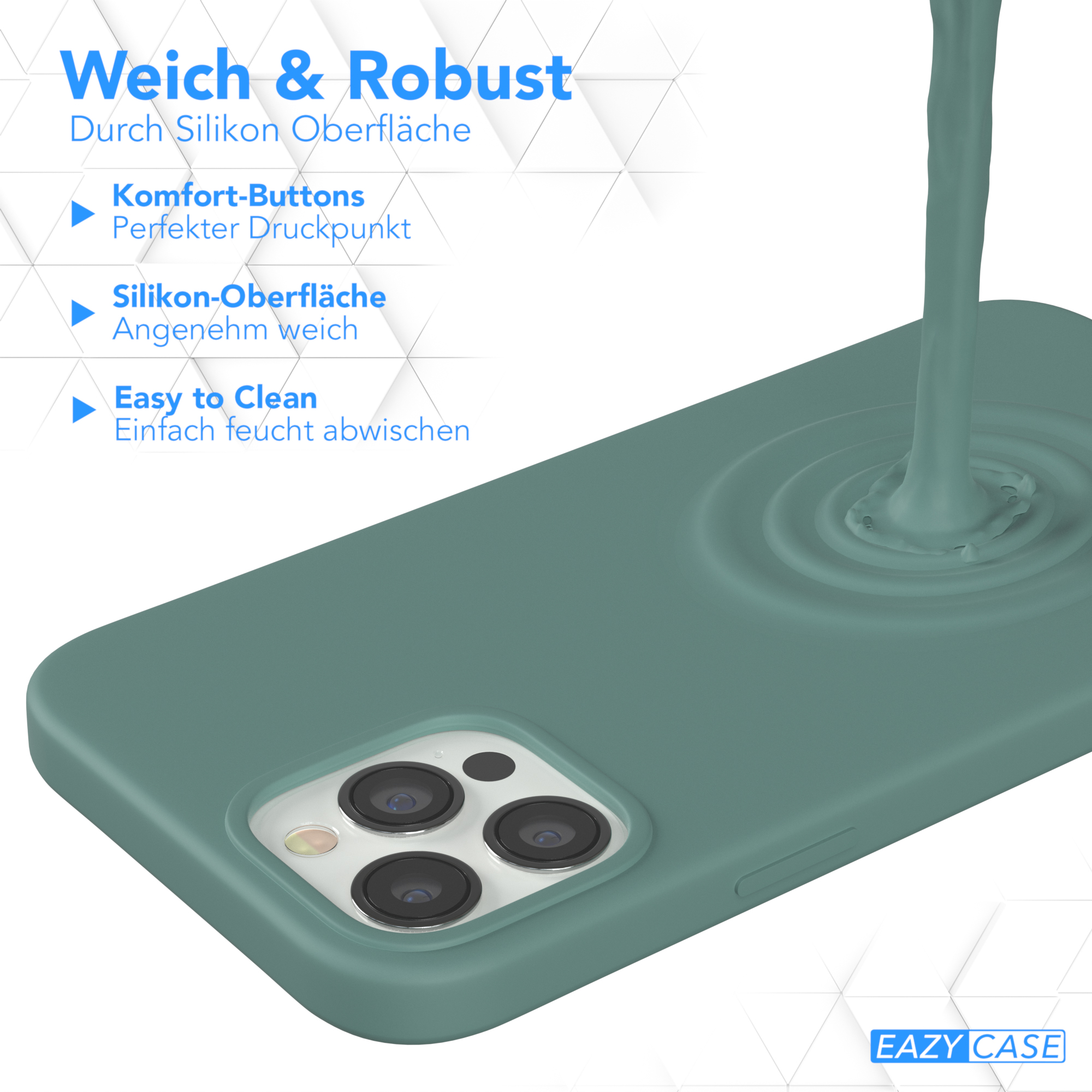 Handyhülle mit Flüssigkeit, die gegossen wird, und Text mit 'Weich & Robust', 'Easy to Clean'.