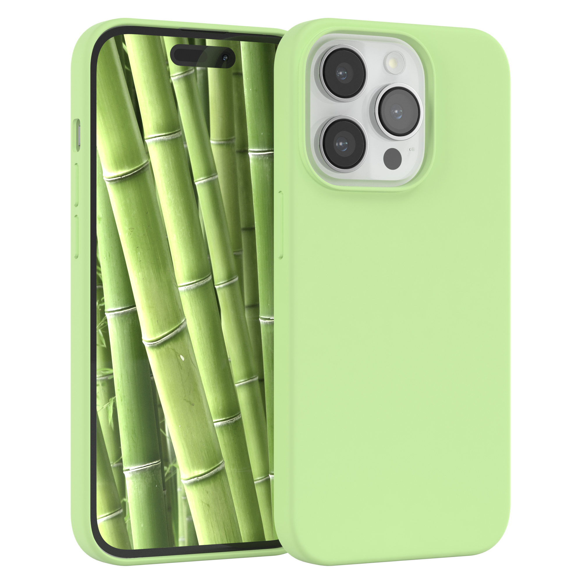 Grüne Handyhülle mit Telefon. Telefon zeigt Bambuswald. Grünes Case und schwarzer Rahmen.
