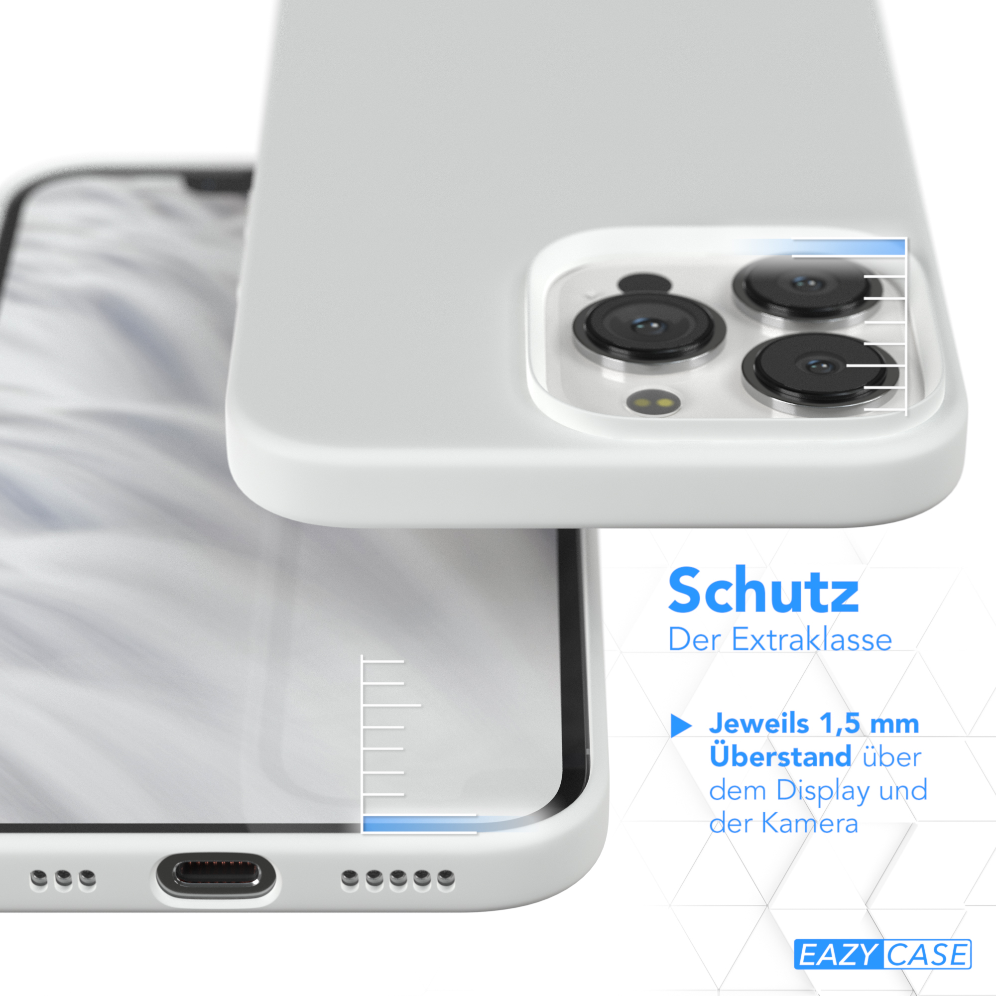 Weißes Handycase mit iPhone- und Kameradetails. Text mit Schutz und Eazy Case Logo.