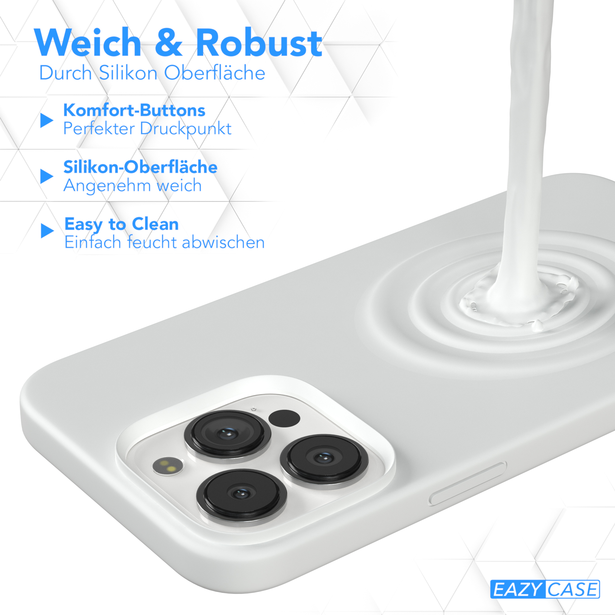 Weißes Handyhülle mit Wasserspritzeffekt. Text: Weich & Robust. Durch Silikon Oberfläche.