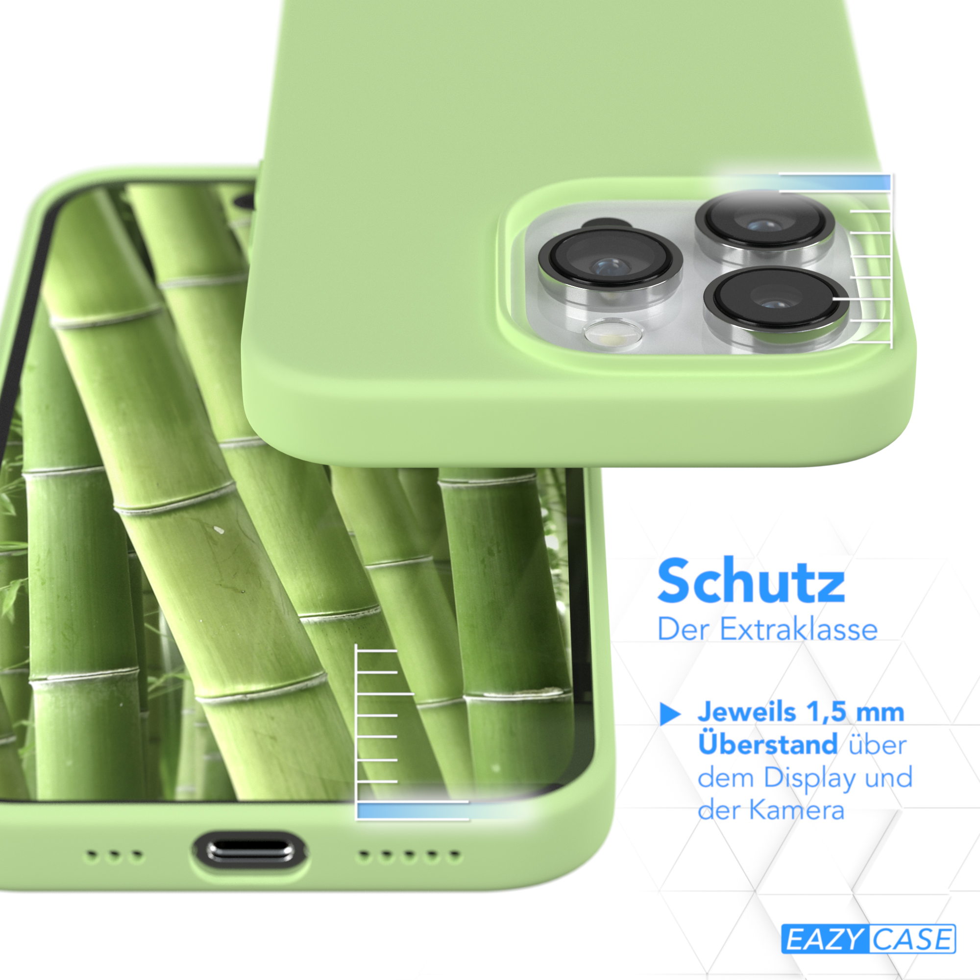 Grüne Handyhülle mit Telefon im Inneren. Grüner Bambushintergrund. Text: Schutz.