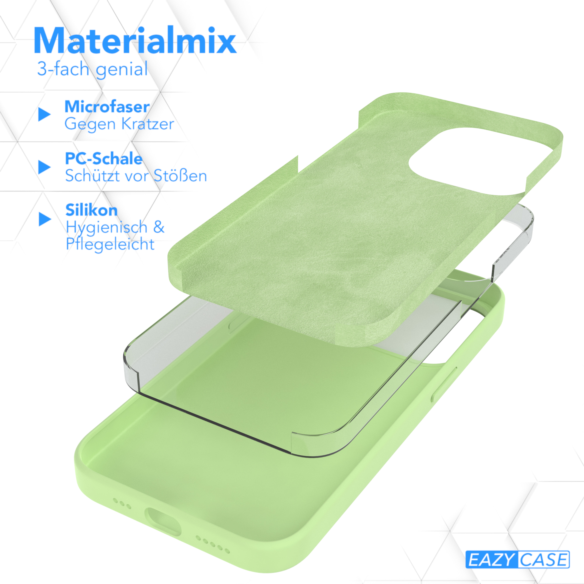 Explodierte Ansicht einer grünen Handyhülle, die ihre Schichten und Materialien zeigt.
