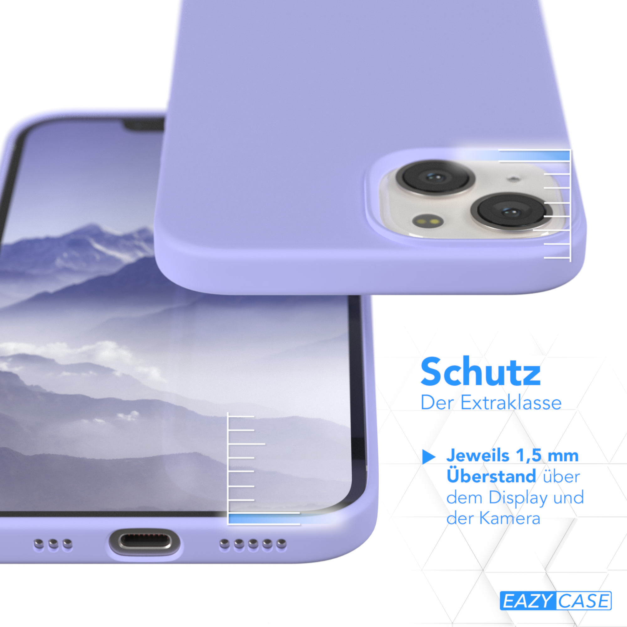 Lila Handyhülle mit Nahaufnahme eines Telefons. Text-Overlay. Schutzfunktionen werden gezeigt.